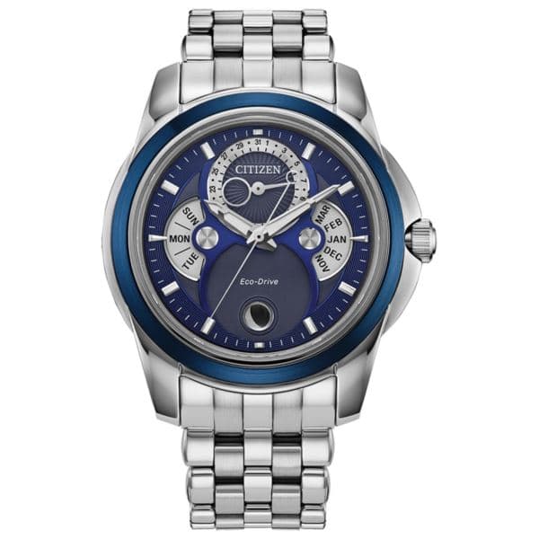 Mens Calendrier Eco-Drive Blue & Silver-Tone Stainless Watch Blue & Silver Dial