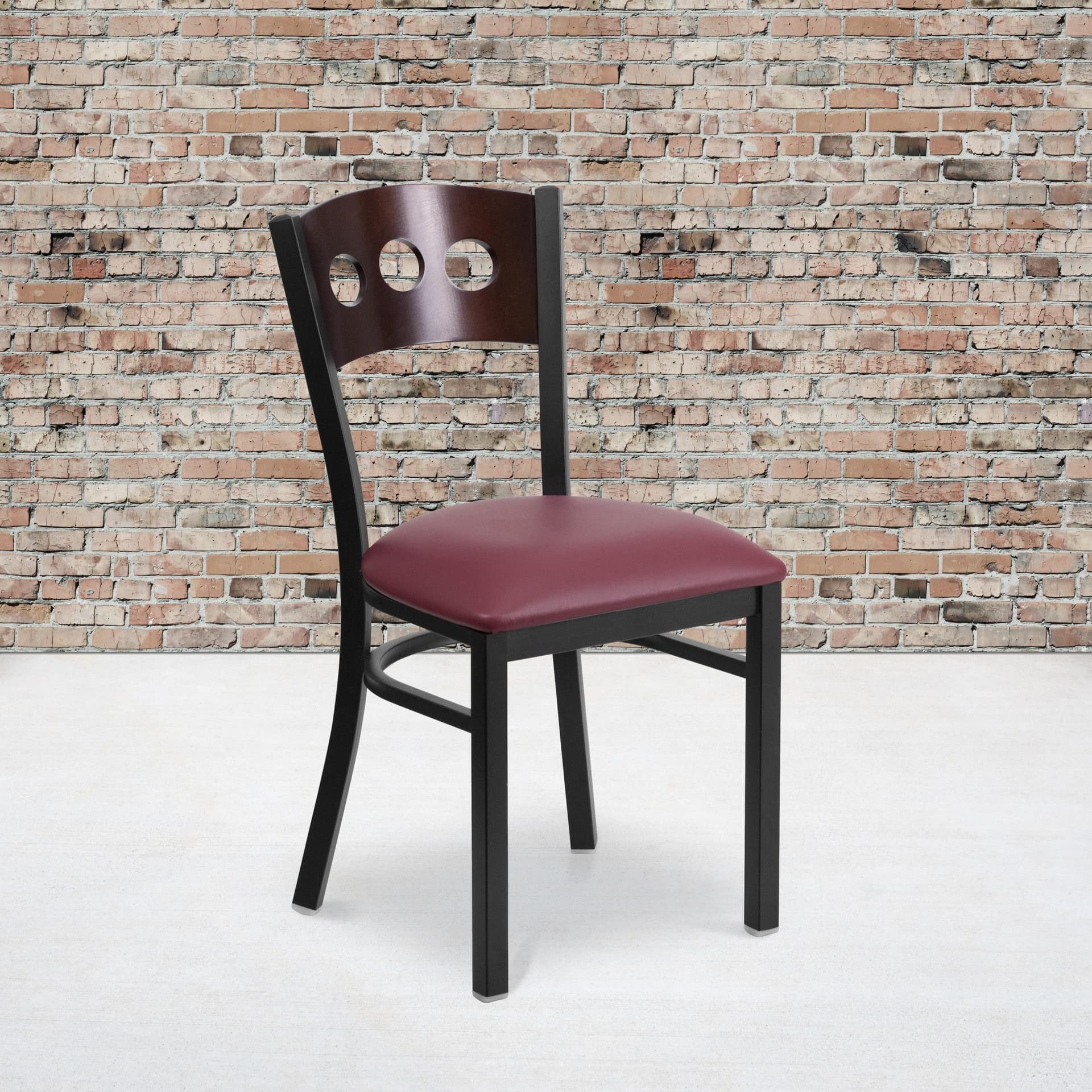 Black 3 CIR Back Metal Restaurant Chair - Walnut Wood Back, Burgundy Vinyl Seat