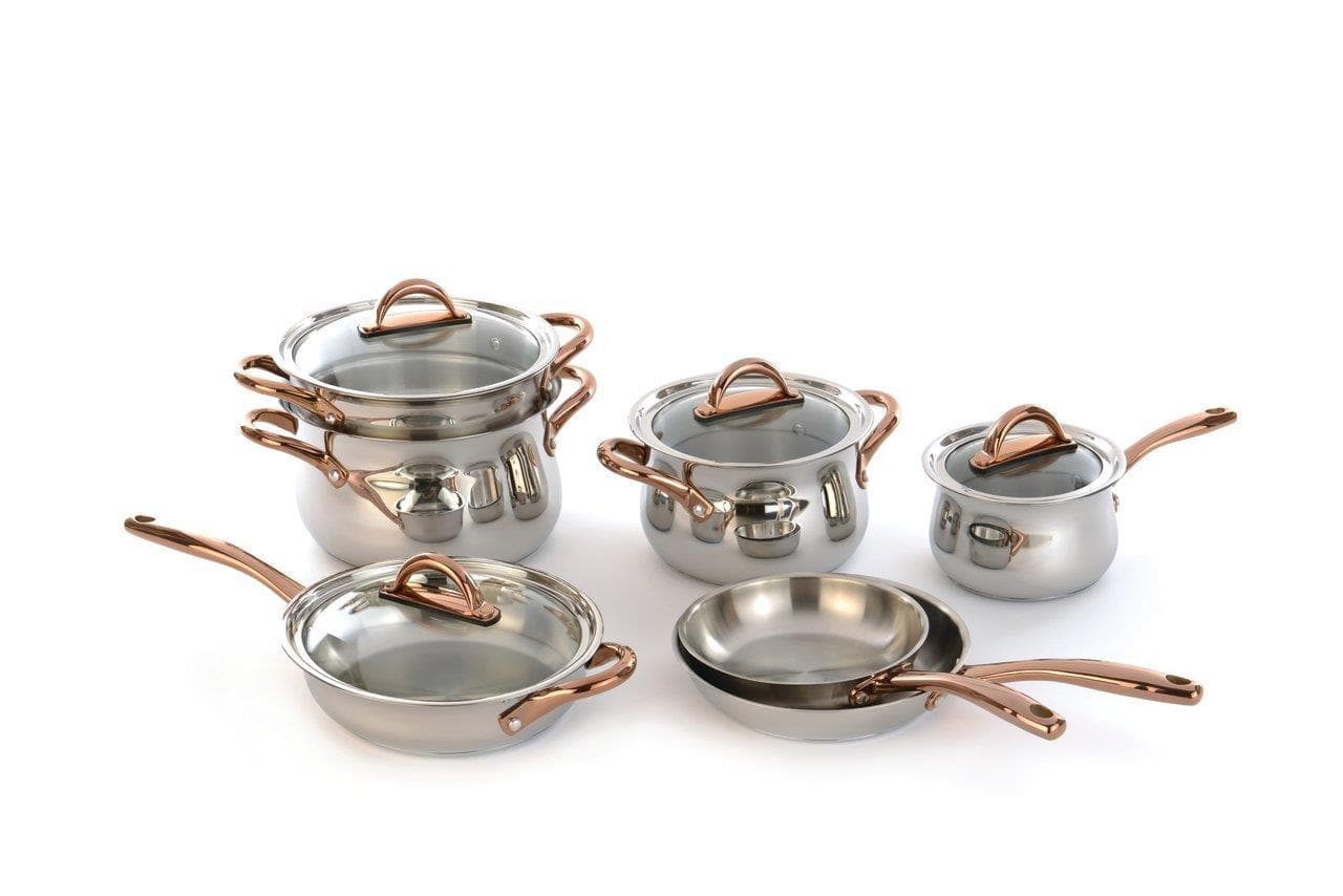 Ouro Gold 11pc 18/10 SS Cookware Set, Rose Gold Handles, Glass Lids