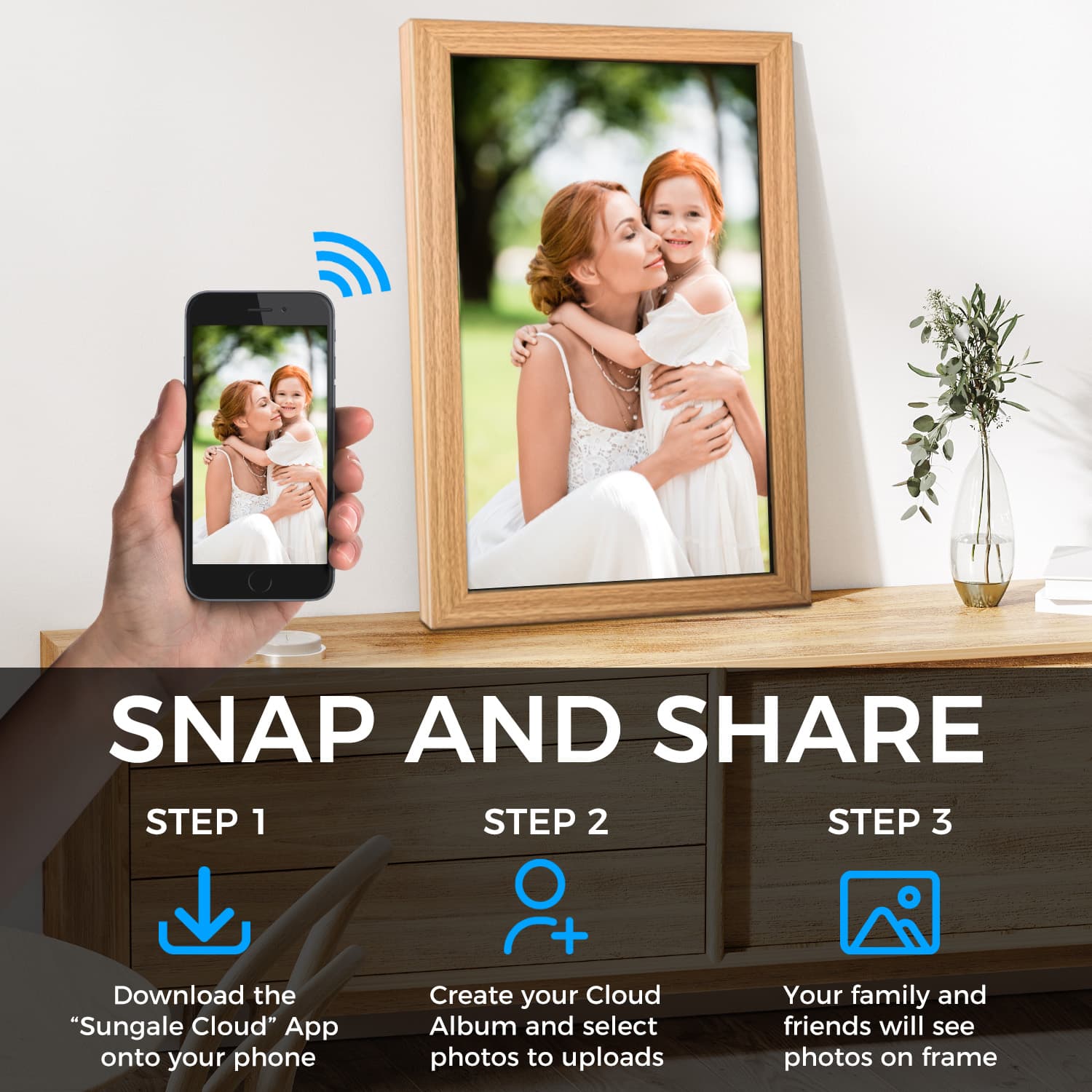 21.5” True Cloud Frame, Send Photo Remotely, Enhanced Photo Experience w/ HD IPS LCD Screen, 120GB Cloud Storage, 32GB Flash Storage, Auto-Rotate