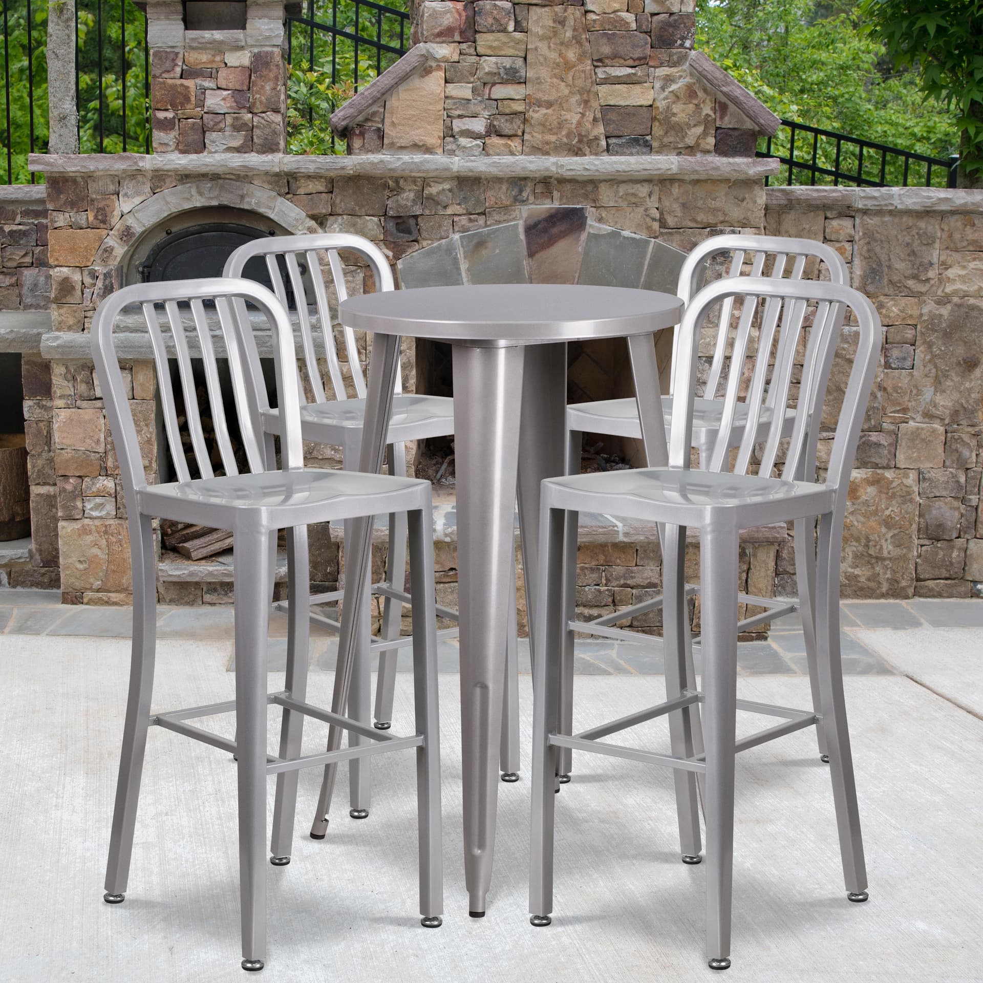 24" Round Silver Metal Indoor-Outdoor Bar Table Set with 4 Slat Back Stools