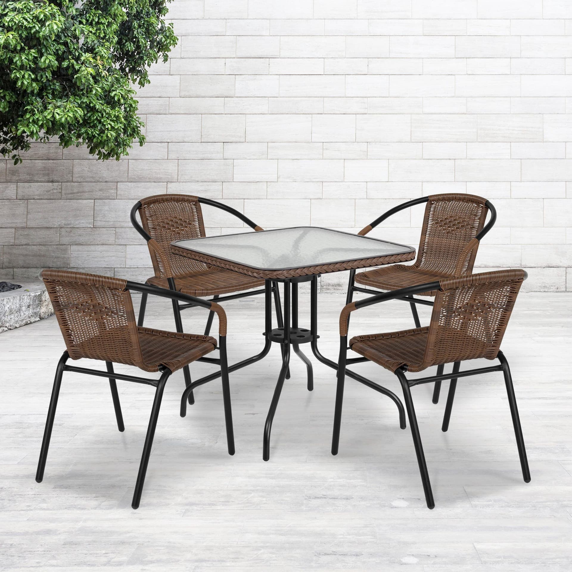 28" SQ Glass Metal Table with Dk Brown Rattan Edging & 4 Dk Brown Rattan Chairs