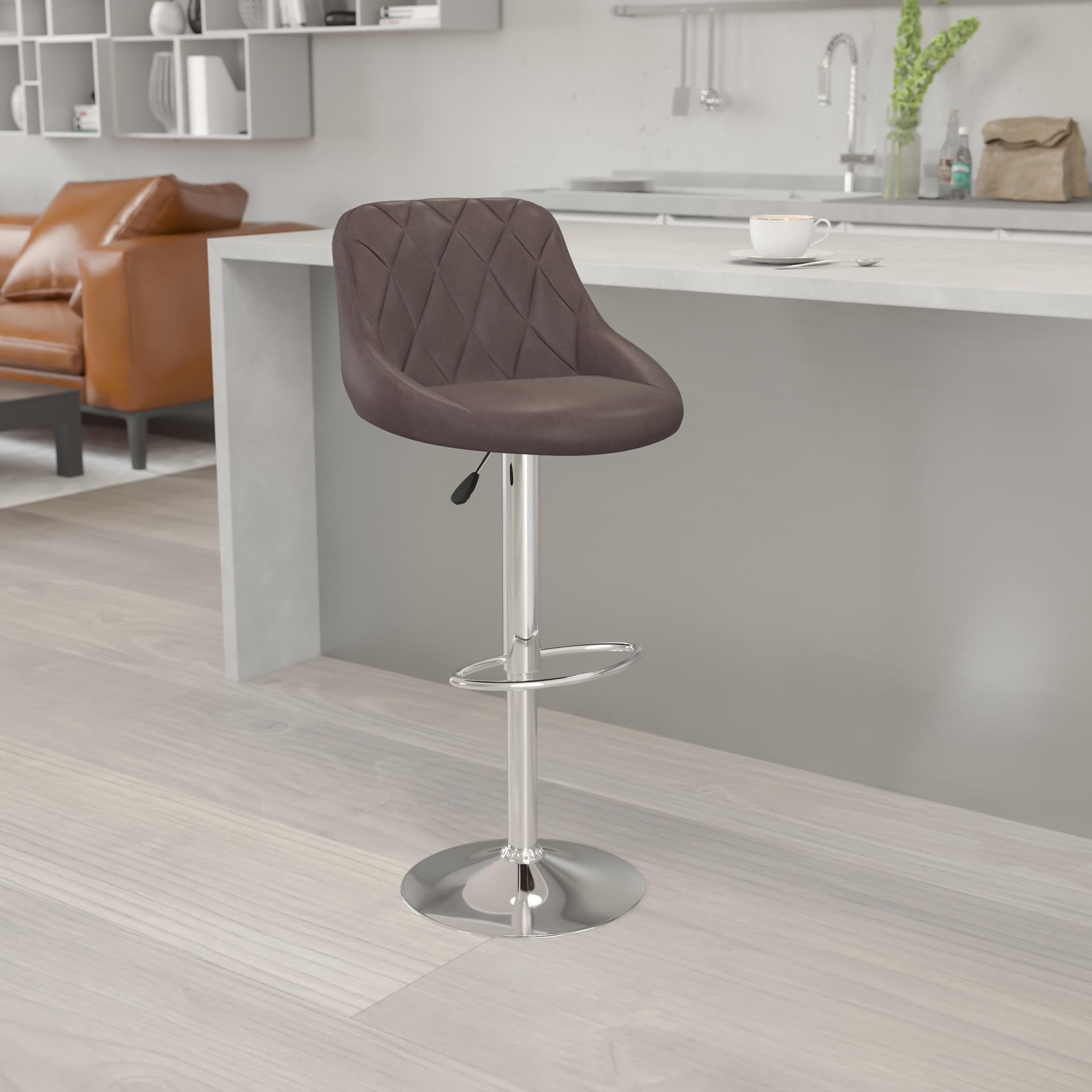 Brown Vinyl Bucket Seat Adjustable Height Barstool with Diamond Pattern Back