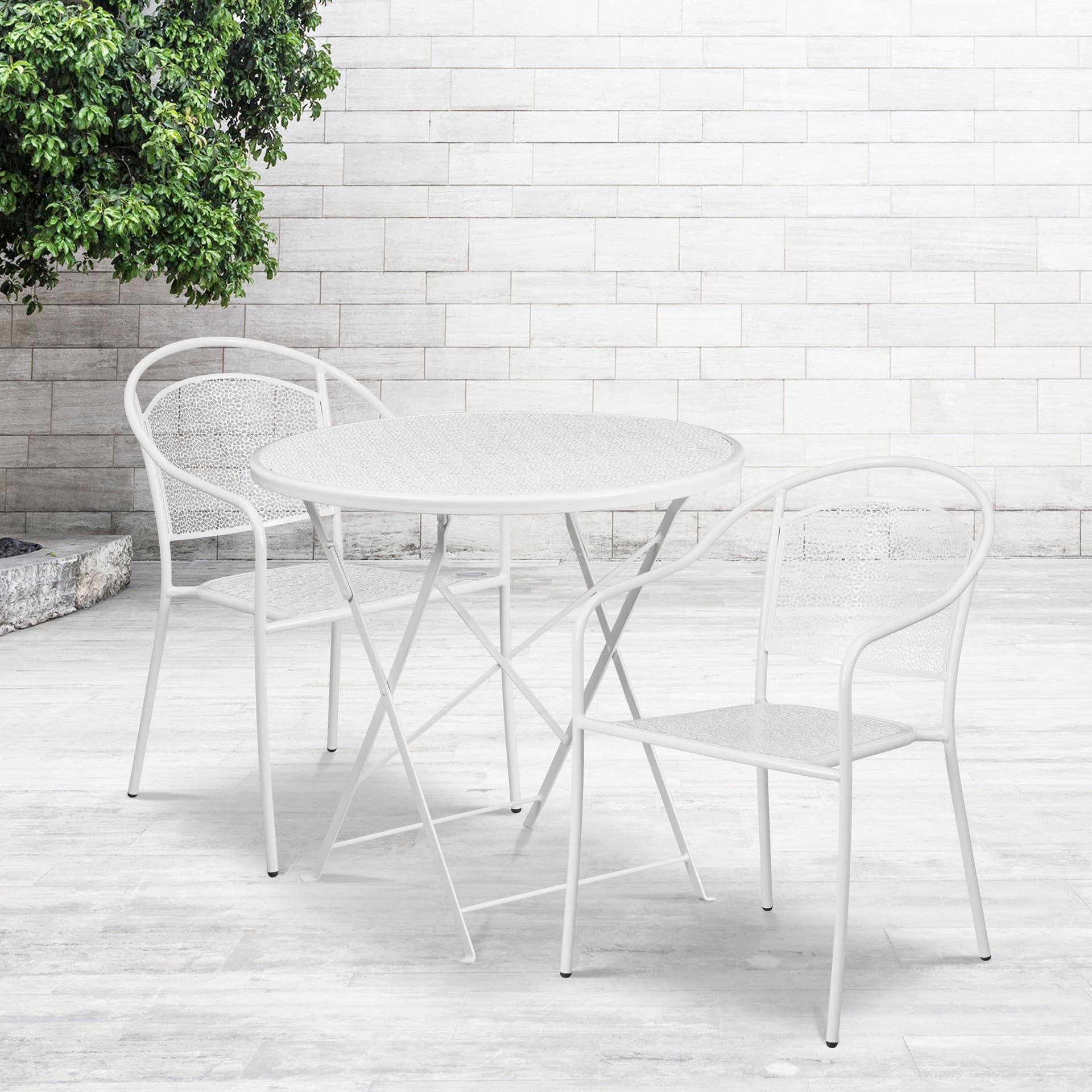 30" Round White Indoor-Outdoor Steel Folding Patio Table Set with 2 Chairs