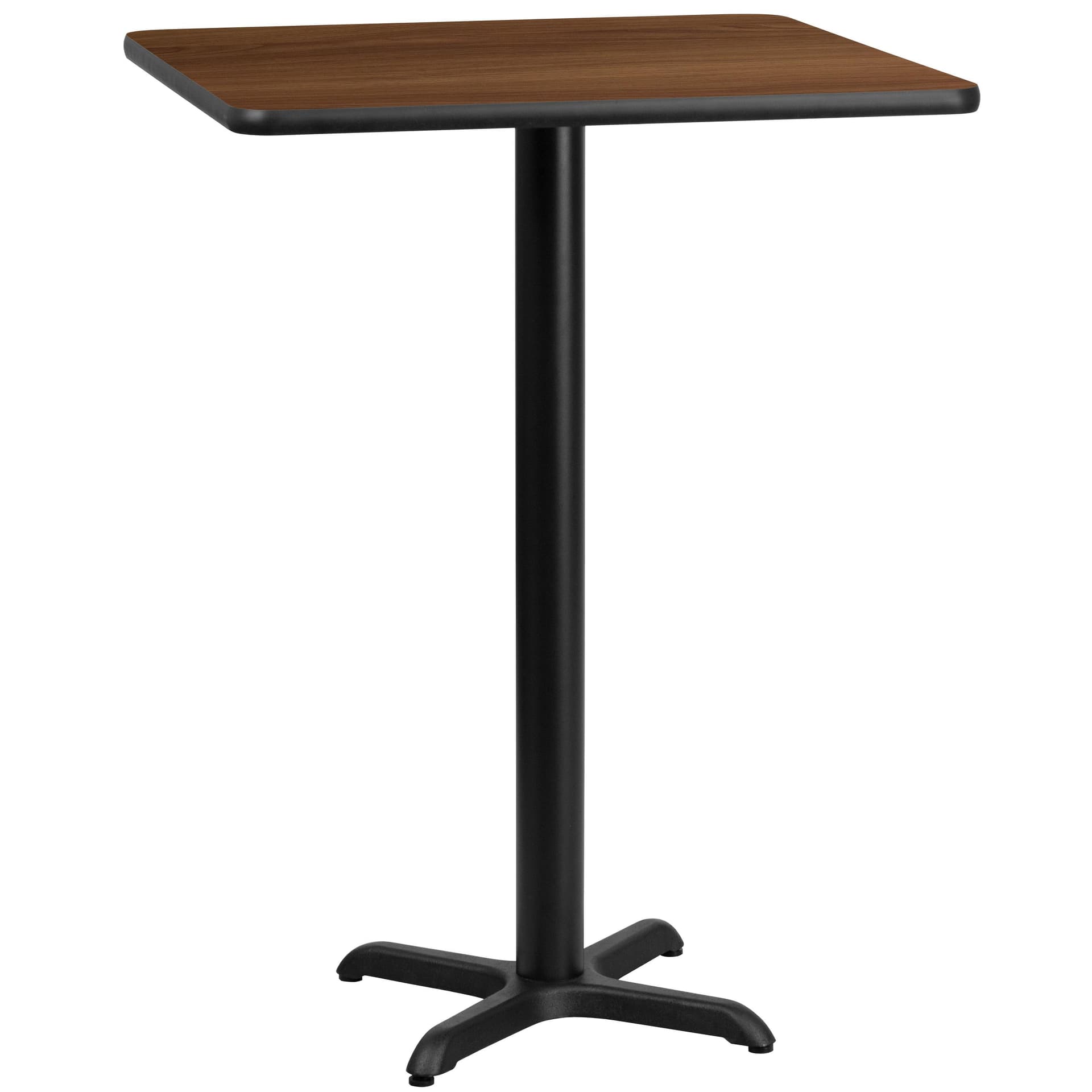 24" Square Walnut Laminate Table Top with 22" x 22" Bar Height Table Base