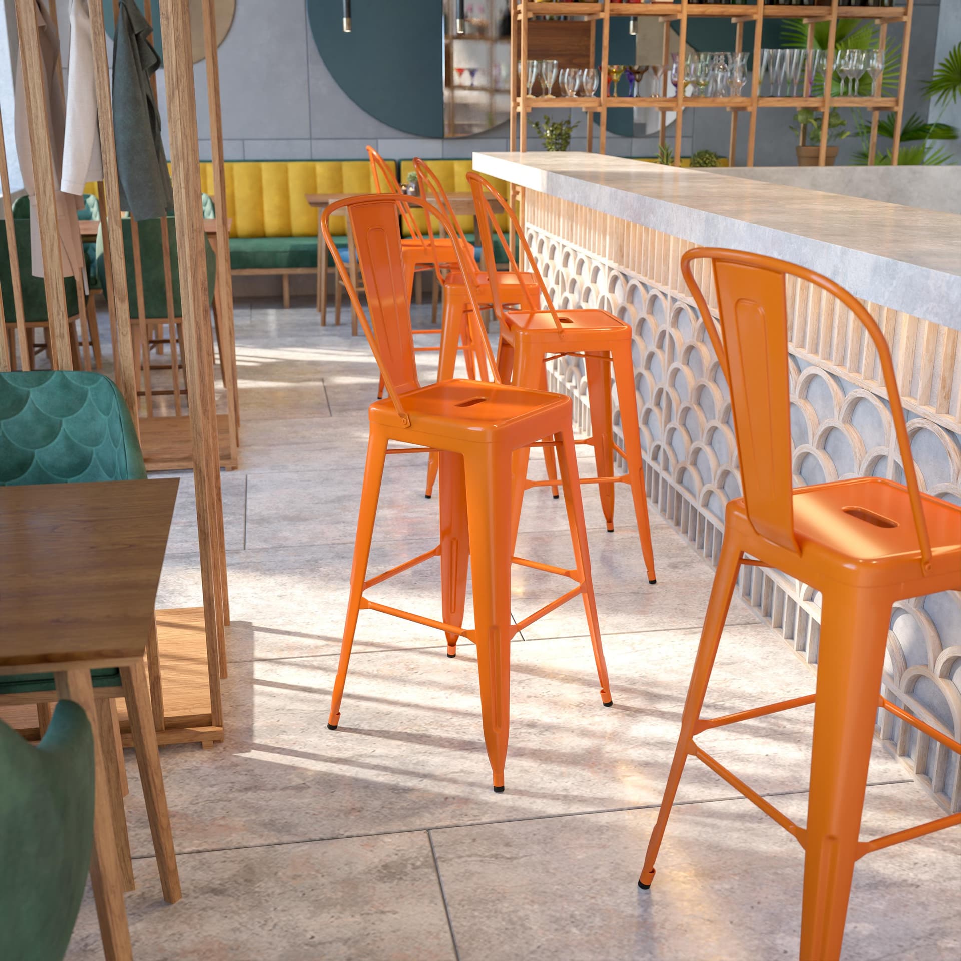 30" High Orange Metal Indoor-Outdoor Barstool with Back