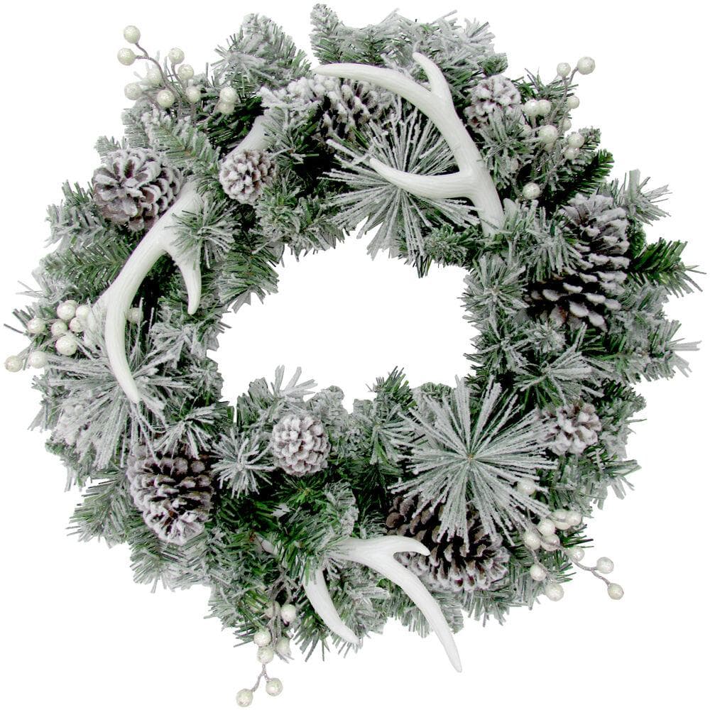 24-in. Christmas Frosted Wreath with Pinecones, Berries, and Antler Decorations