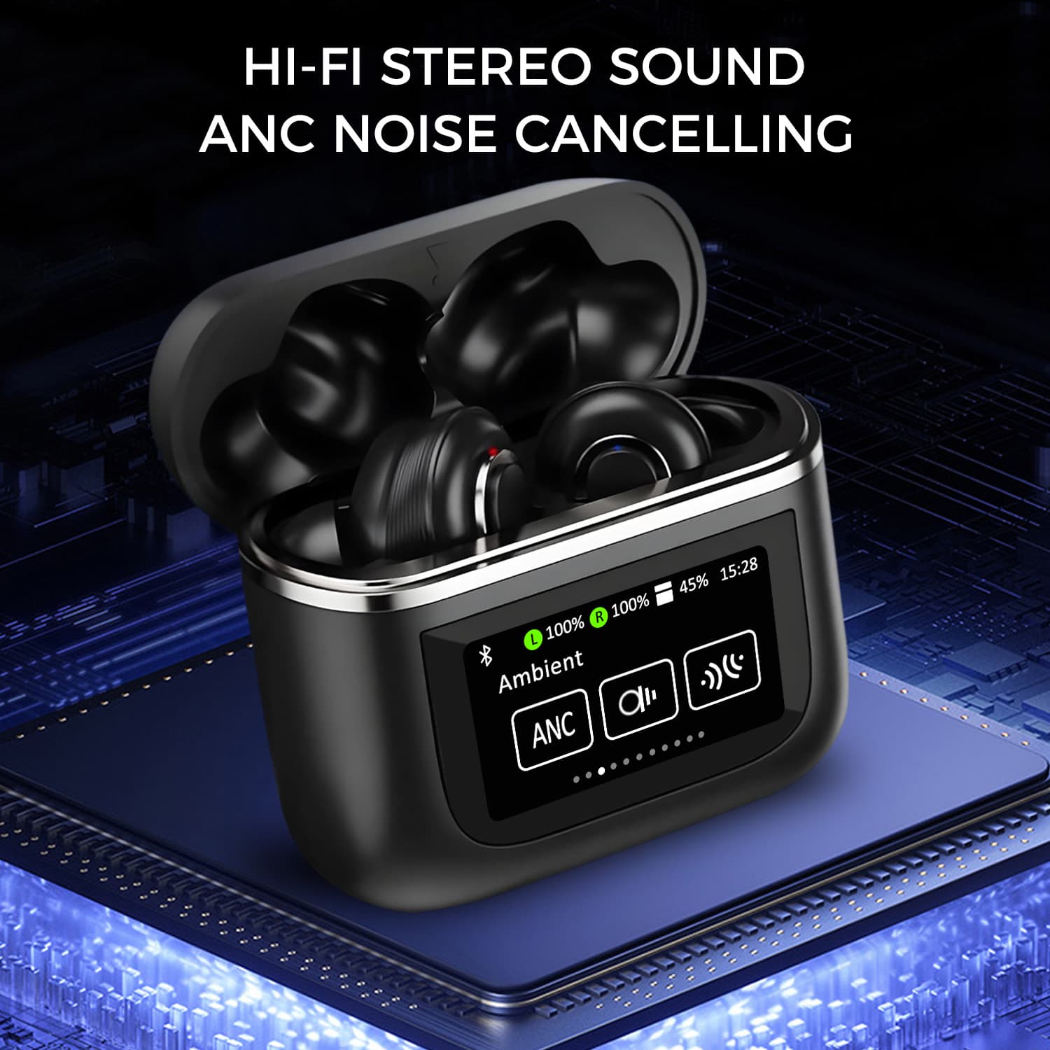 Wireless Bluetooth Earbuds w/LCD Full-color Touch Screen, True Noise Cancelling, 32H Playback, IP4 Waterproof, Lightweight, Wireless Charging Case, and More...
