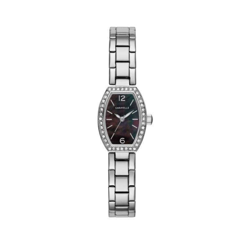 Ladies Crystal Accent Watch with Tonneau Black Mother-of-Pearl Dial