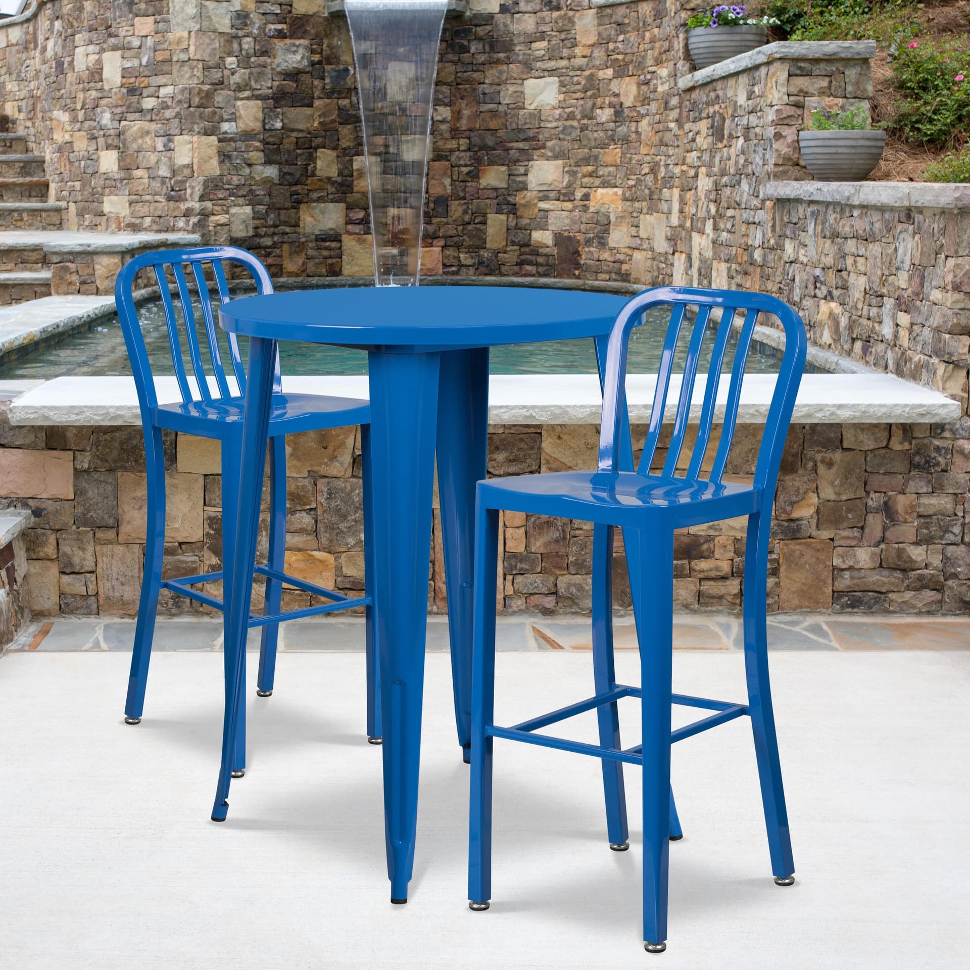30" Round Blue Metal Indoor-Outdoor Bar Table Set with 2 Slat Back Stools
