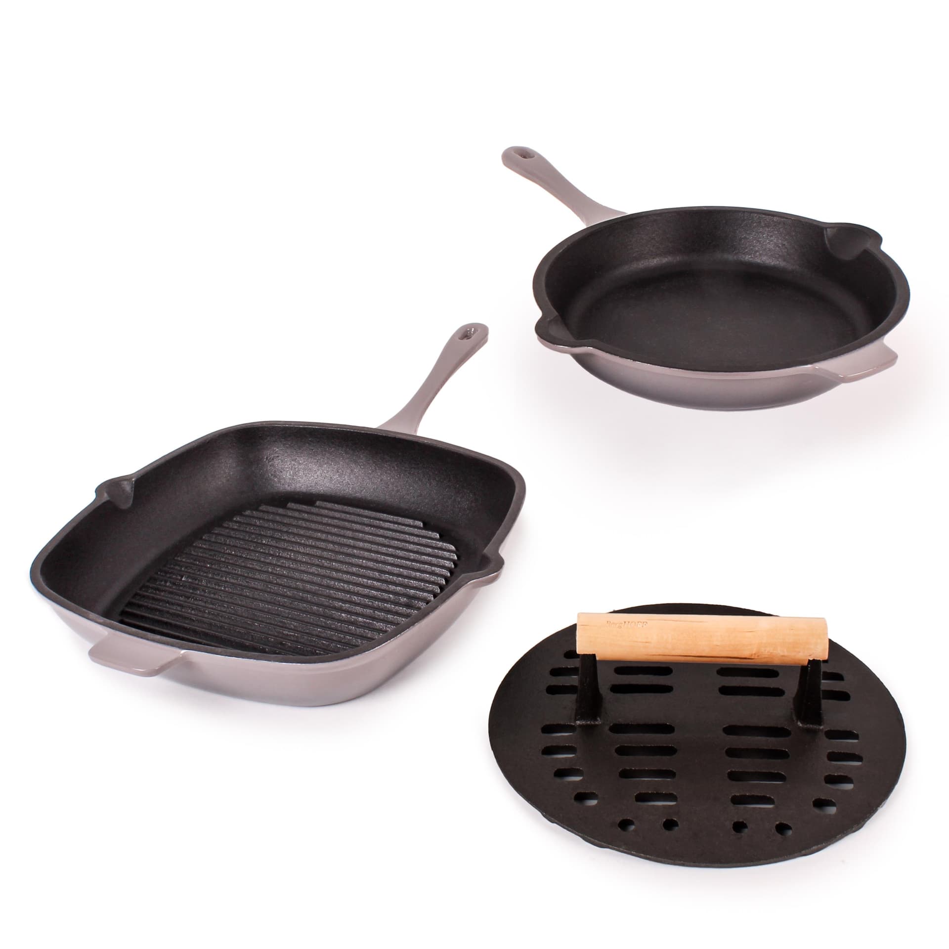 Neo 3pc Enamel on Cast Iron Cookware Set: 10" Fry Pan, Grill Pan and Slotted Steak Press, Oyster