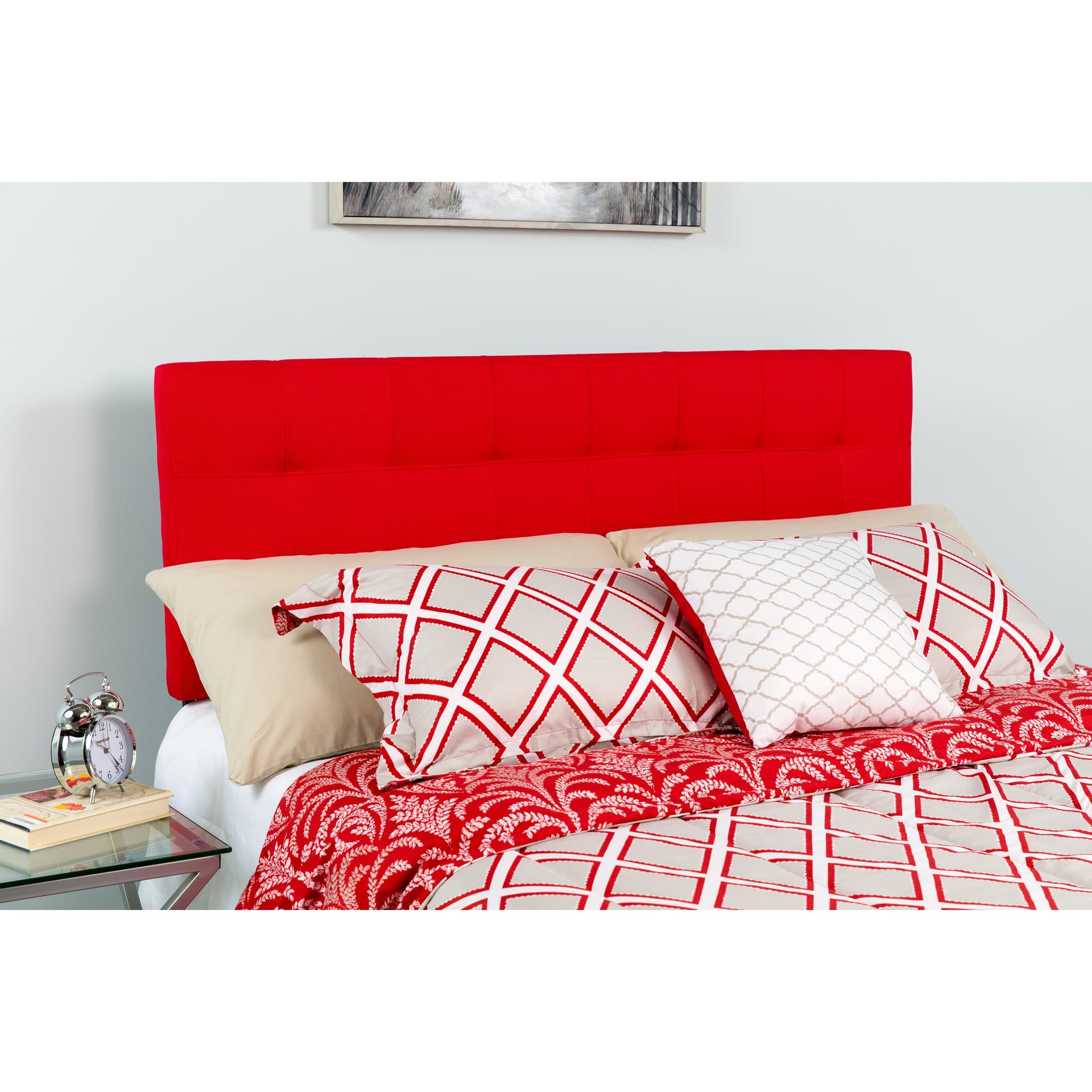 Quilted Tufted Upholstered King Size Headboard in Red Fabric