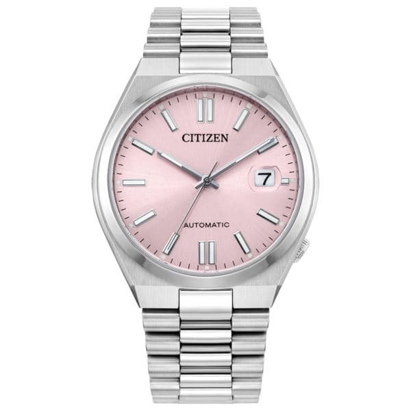Unisex Tsuyosa Automatic Eco-Drive Silver-Tone SS Watch Pastel Pink Dial