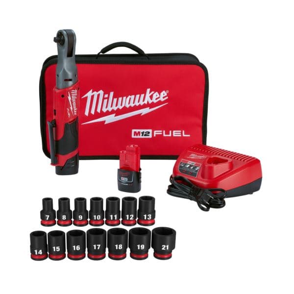 M12 Fuel 3/8" Ratchet 2 Battery Kit + 14pc SHOCKWAVE Socket Set