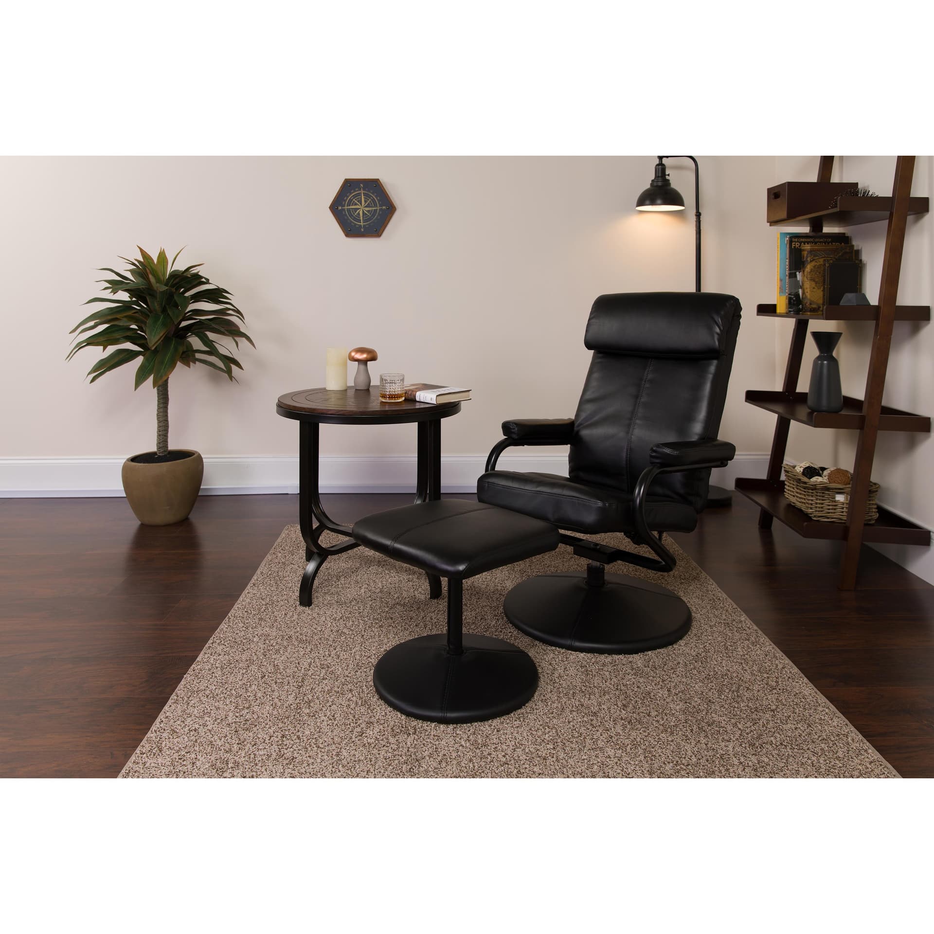 Multi-Position Headrest Recliner &Ottoman w/Wrapped Base in Black LeatherSoft