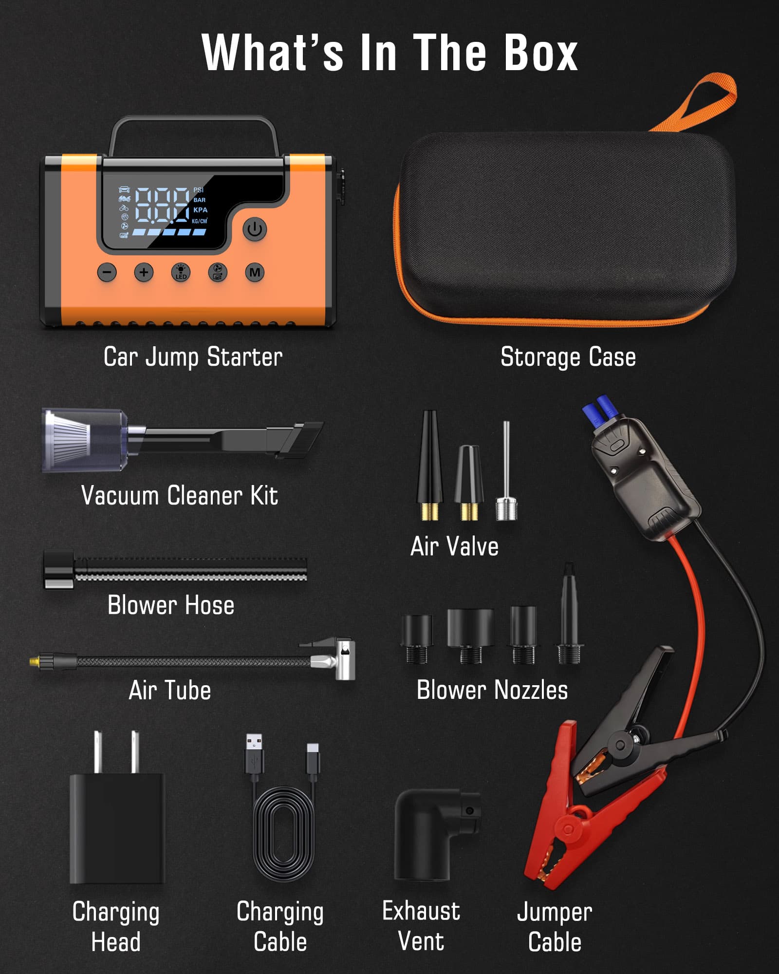 Vehicle Jump Starter w/Air Compressor, Vacuum Cleaner, Blower, Power Bank, Flashlight/SOS/Strobe, more!