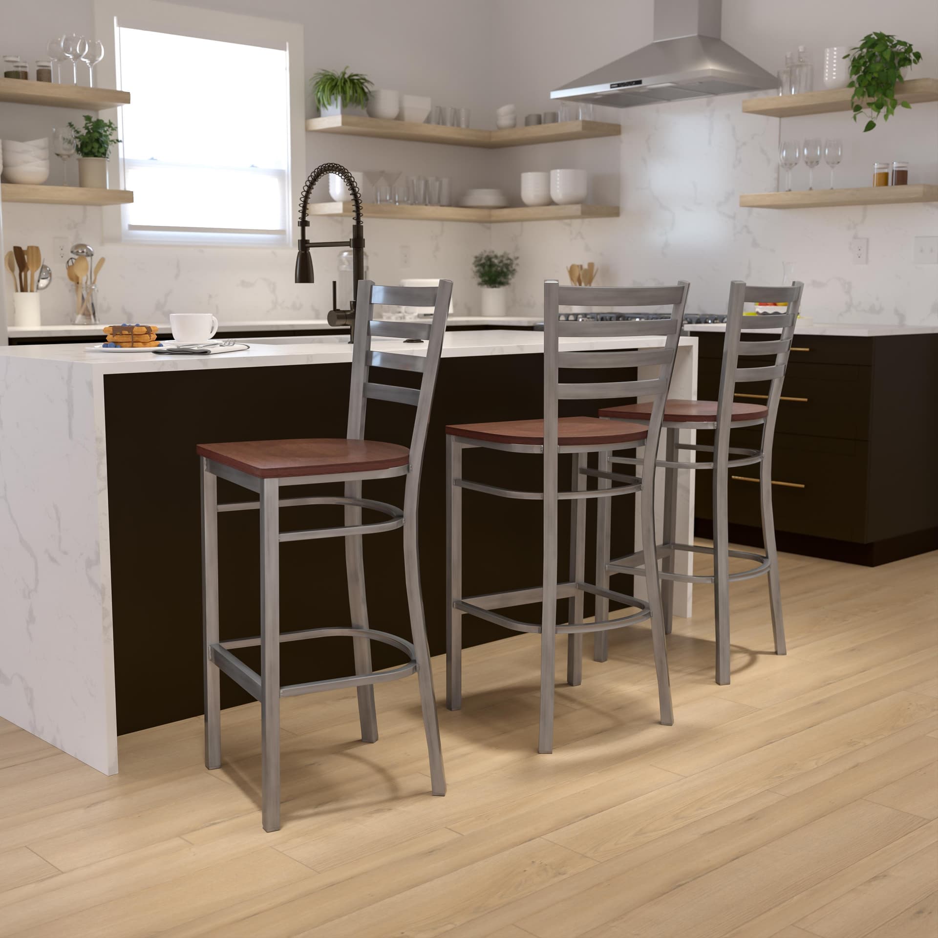 Clear Coated Ladder Back Metal Restaurant Barstool - Cherry Wood Seat