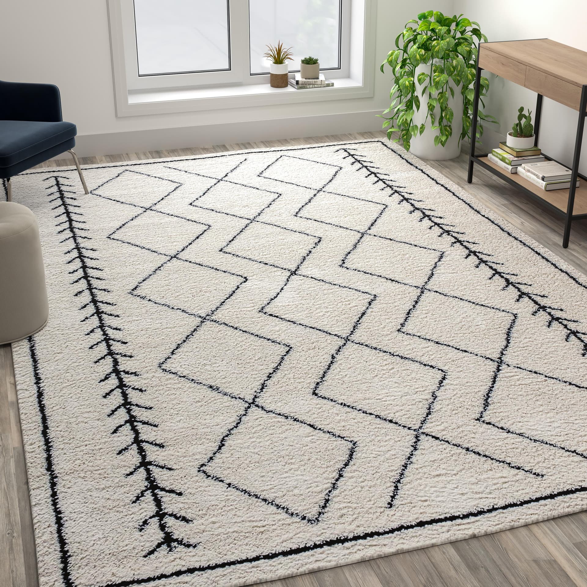 8' x 10' Ivory and Black Geometric Style Modern Bohemian Design Shag Area Rug