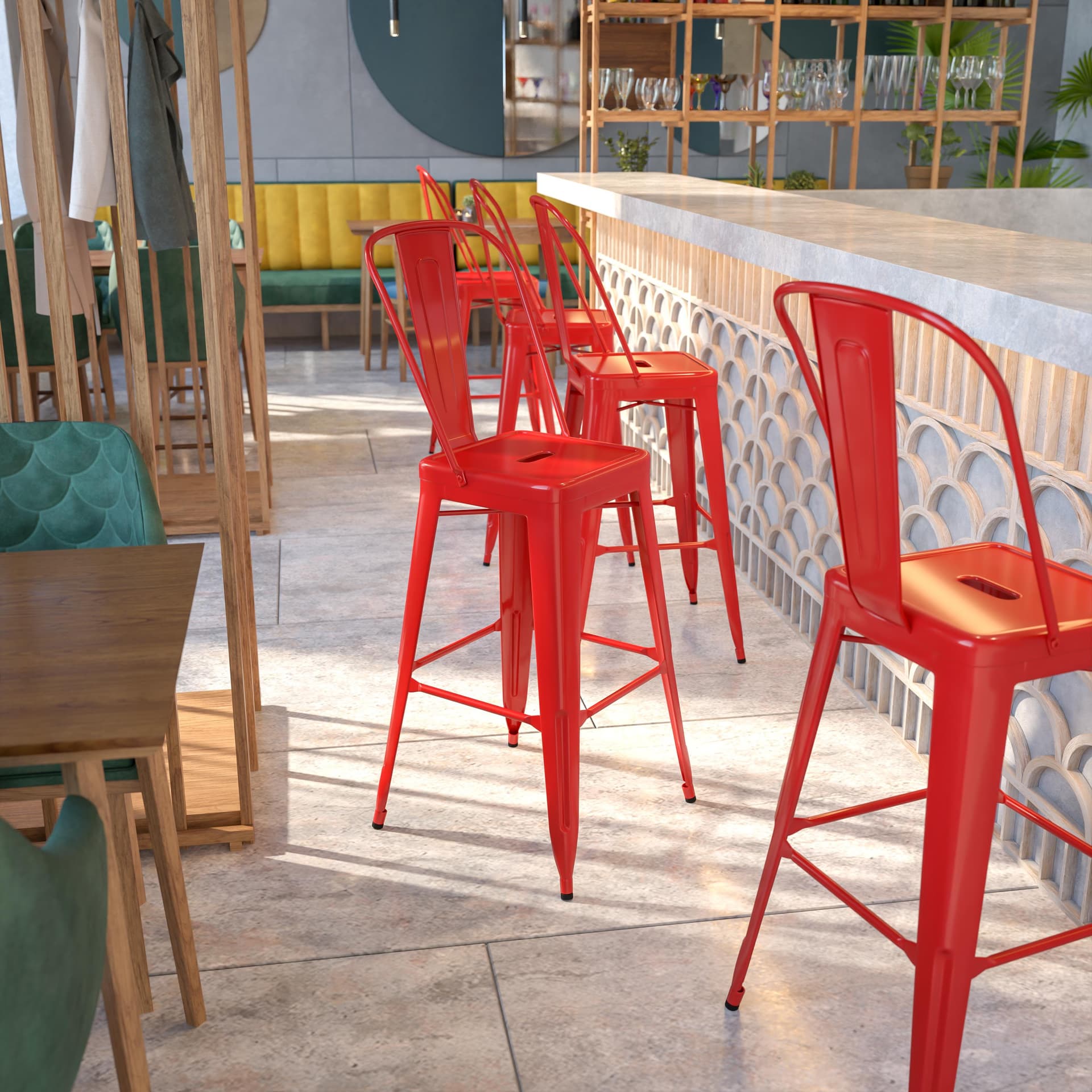 30" High Red Metal Indoor-Outdoor Barstool with Back