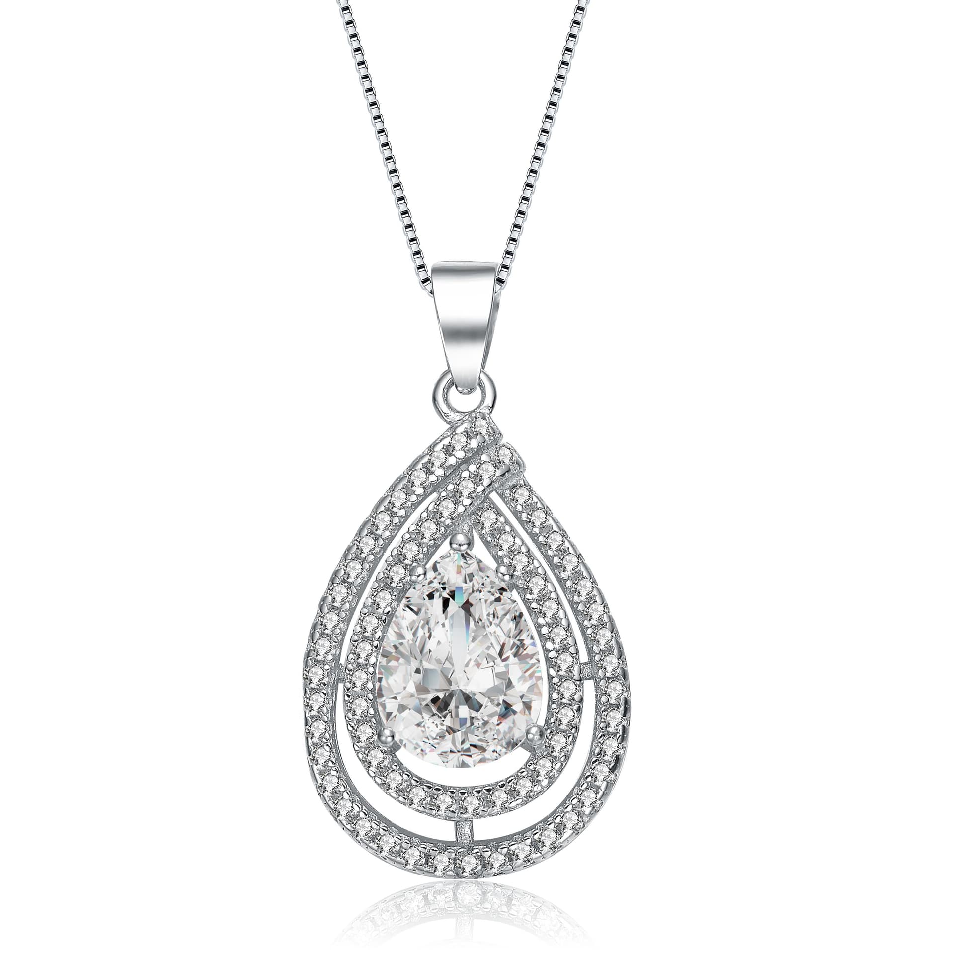 CZ Rhodium Plated Pear Shape Pendant Size 16