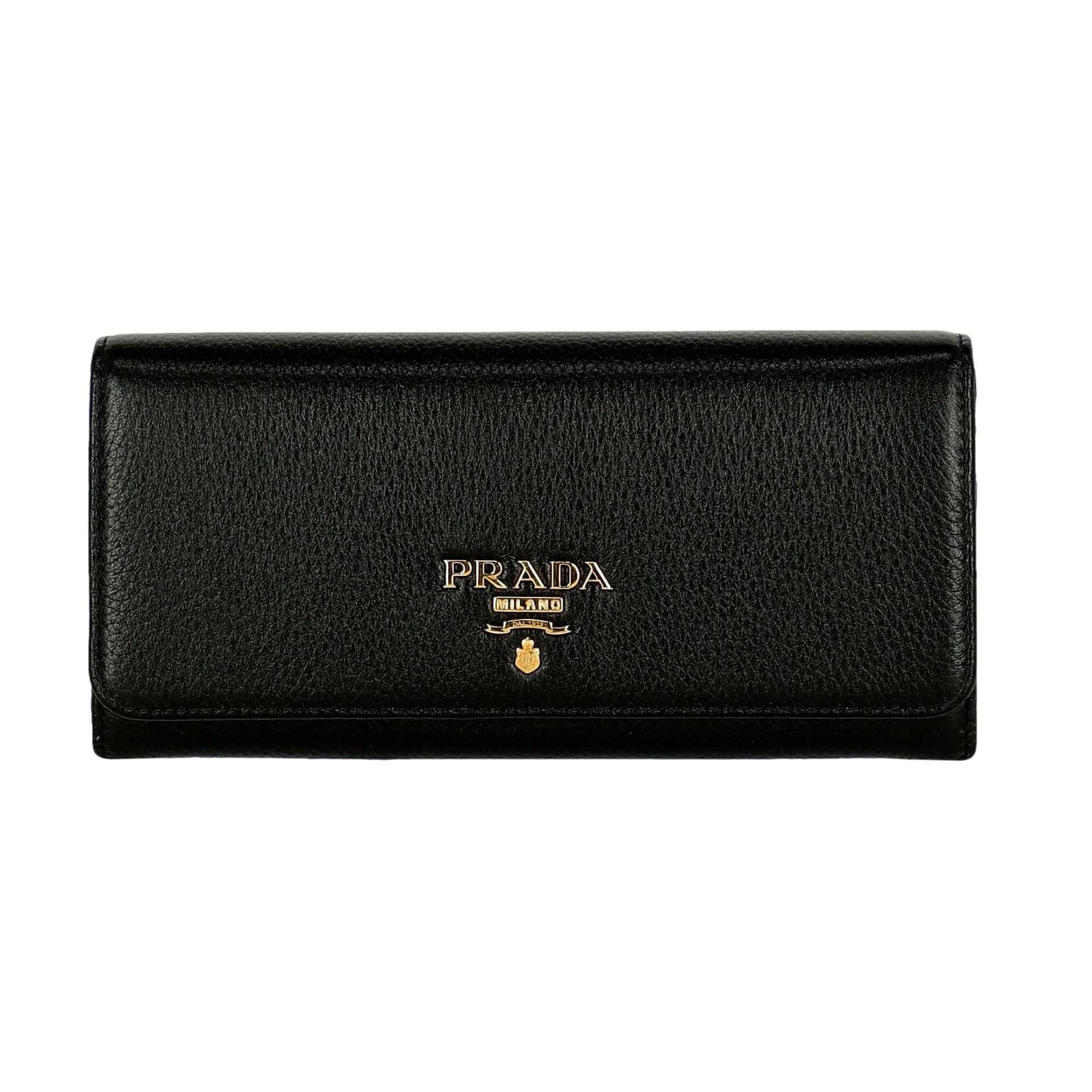 Prada Vitello Grain Nero Black Leather Continental Long Wallet Zipper Pouch