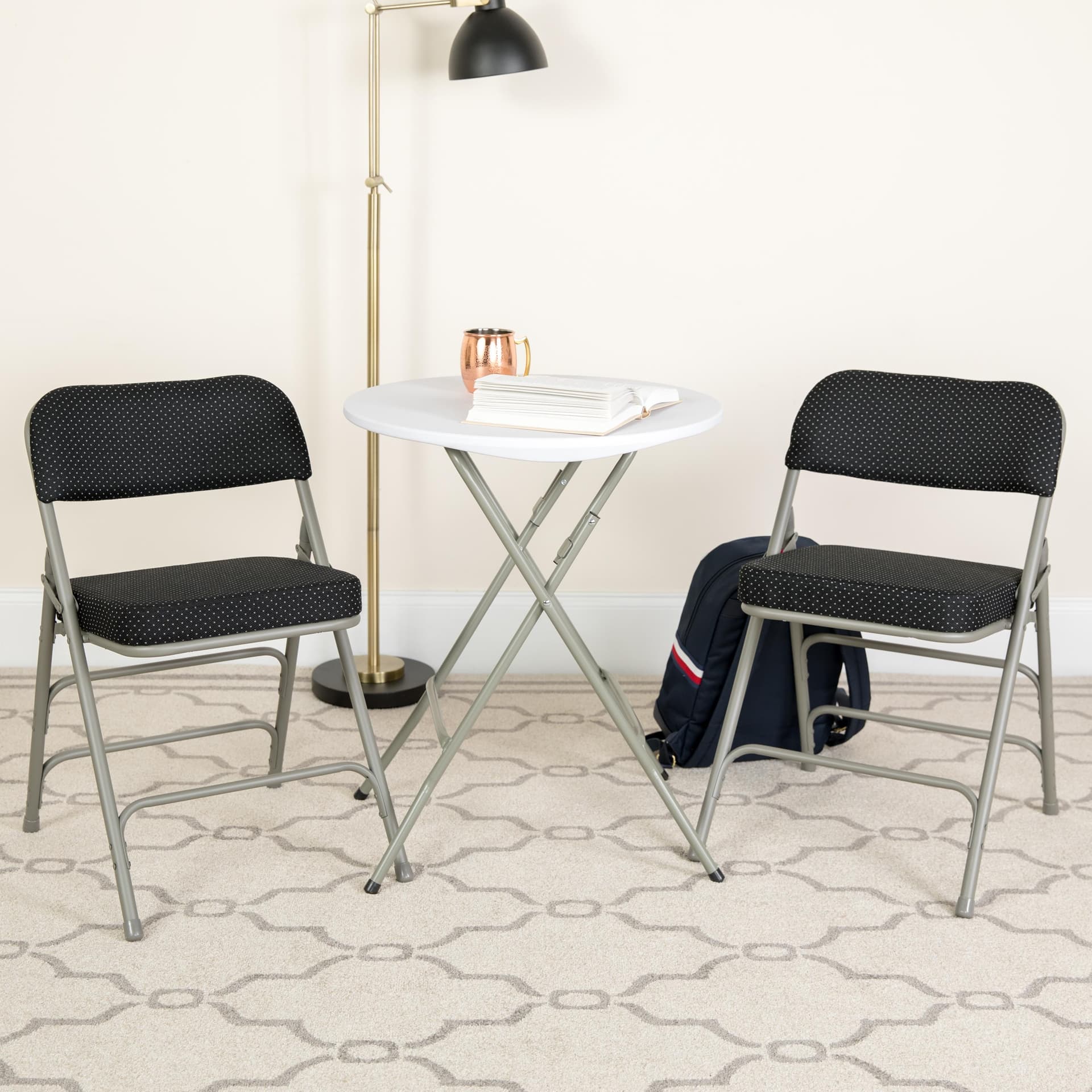 2Pack 18"W Premium Triple Braced & Double Hinged Black Pin Dot Fabric Metal Folding Chair