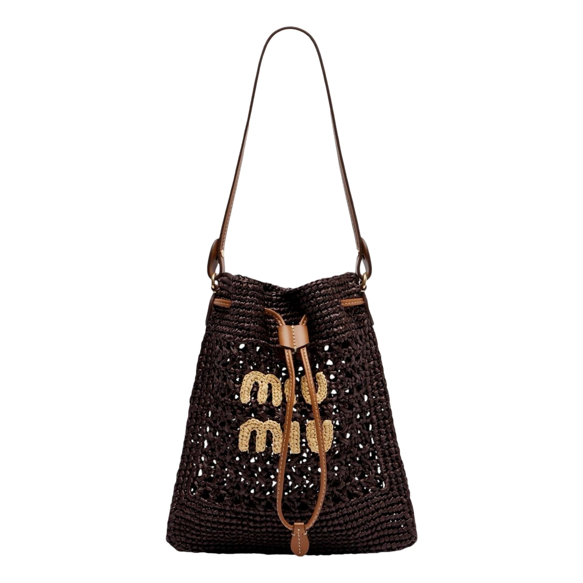 Miu Miu Woven Raffia Mini Bucket Bag in Chocolate Brown