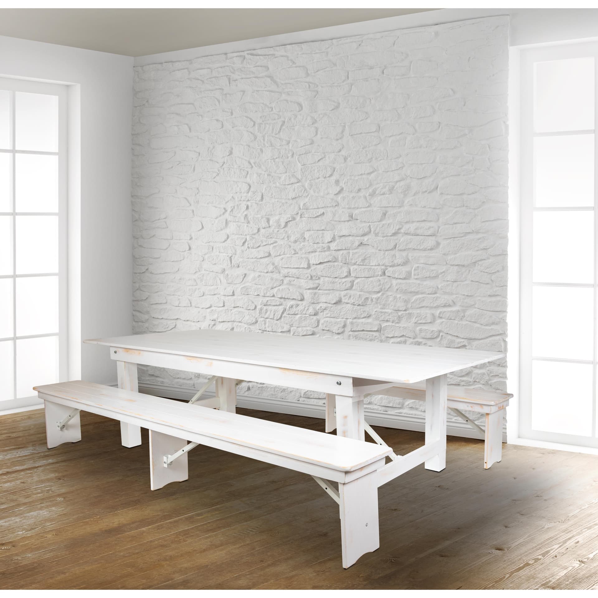 3 Piece Set-8' x 40" Antique Rustic White Folding Farm Table and Two Bench Set
