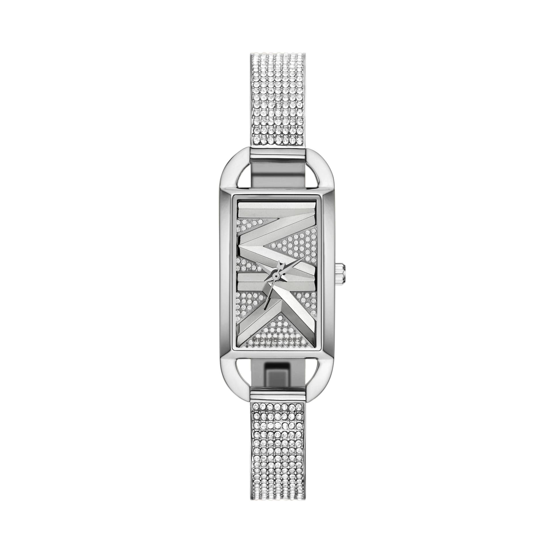 Ladies Mini Empire Pave Silver-Tone Stainless Steel Bangle Watch Logo Dial