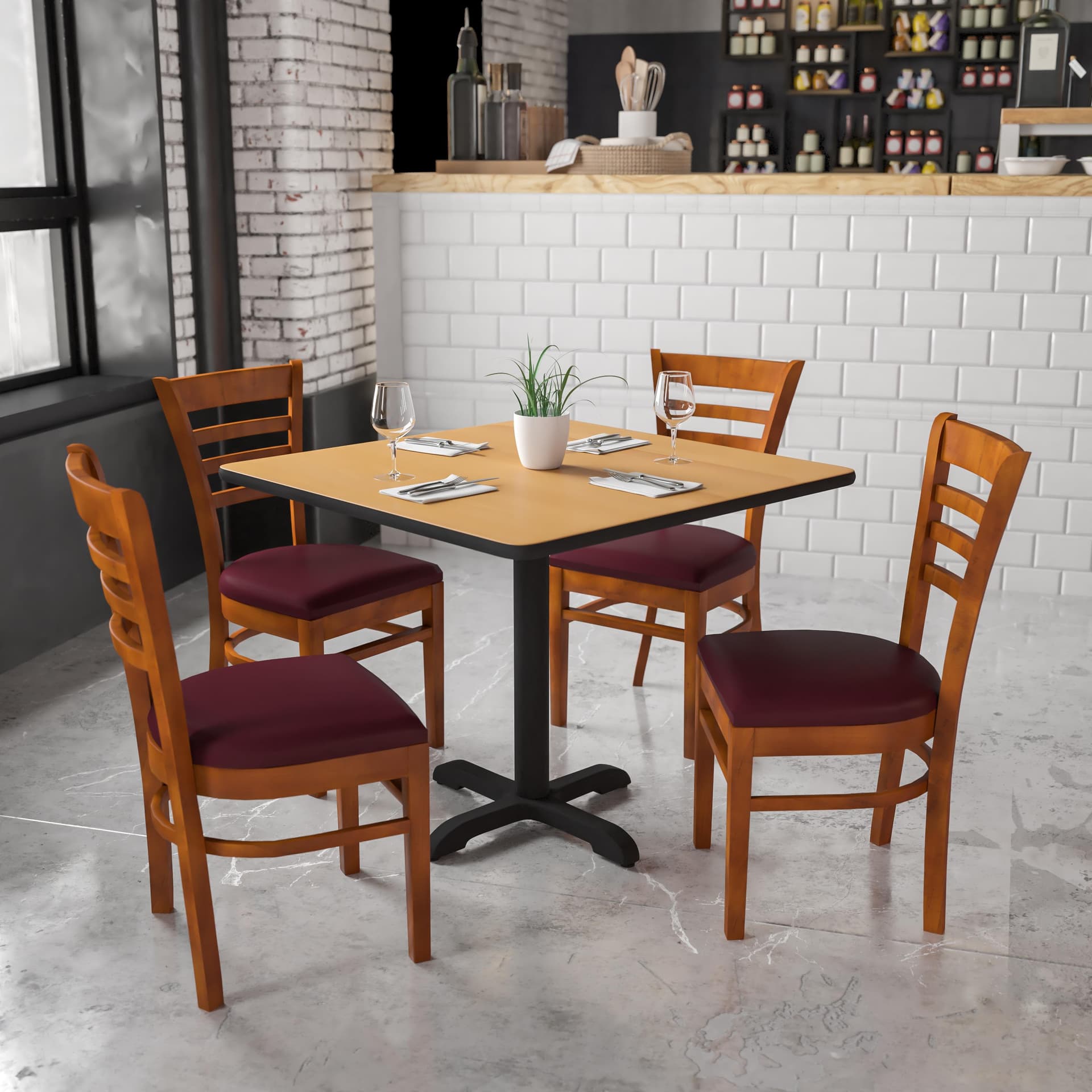 Ladder Back Cherry Wood Restaurant Chair - Burgundy Vinyl Seat