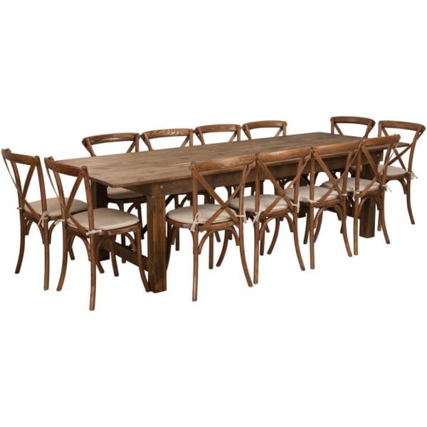 9' x 40" Rustic Folding Farm Table Set with 12 Cross Back Chairs and Cushions
