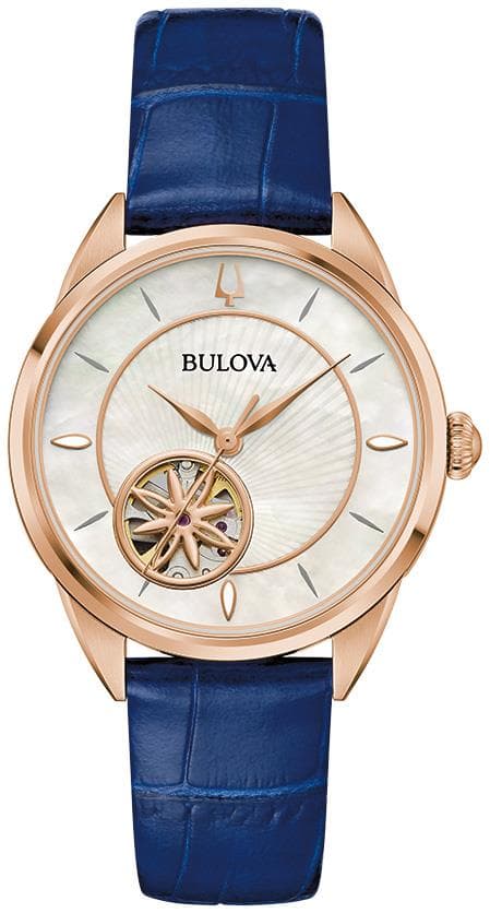 Ladies Sutton Automatic Rose Gold & Blue Leather Strap Watch MOP Dial