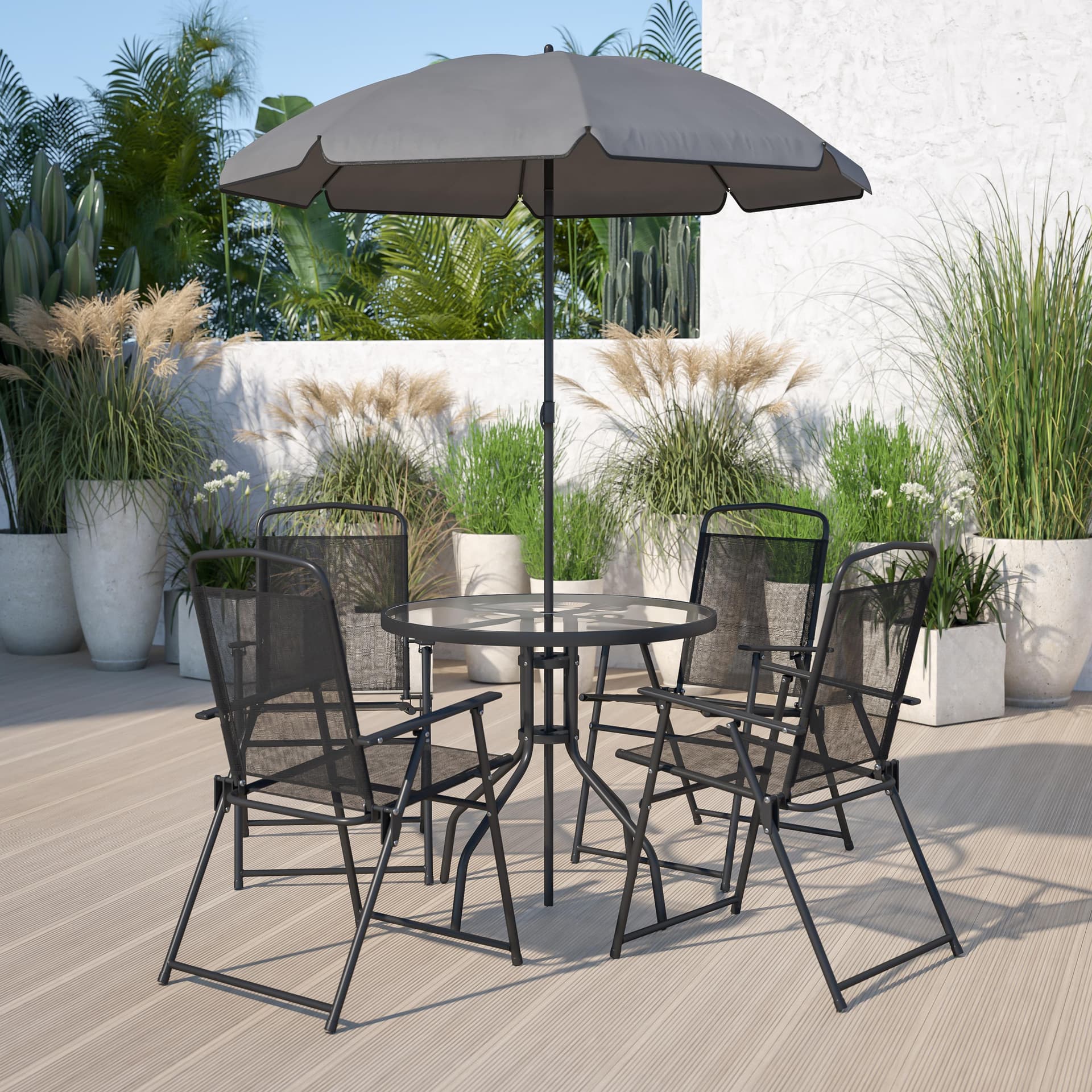 6 Piece Black Patio Garden Set with Umbrella Table and Set of 4 Folding Chairs