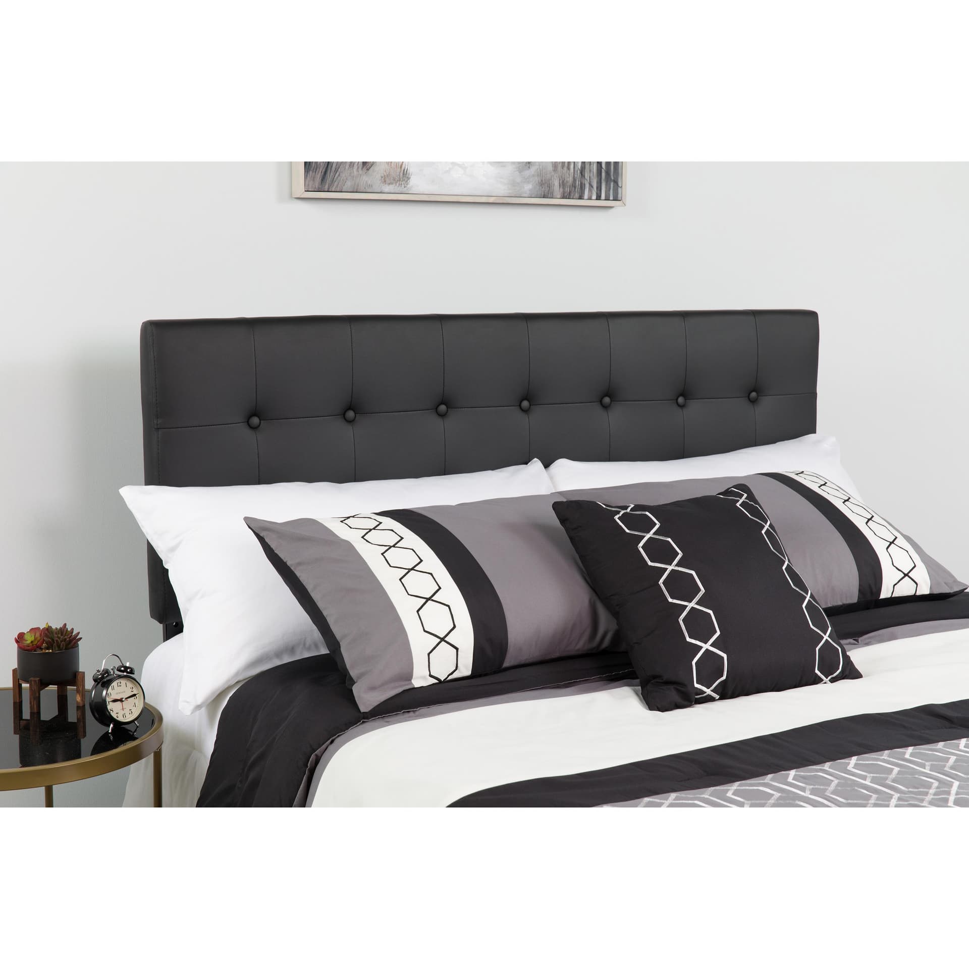 Button Tufted Upholstered Queen Size Headboard in Black Vinyl
