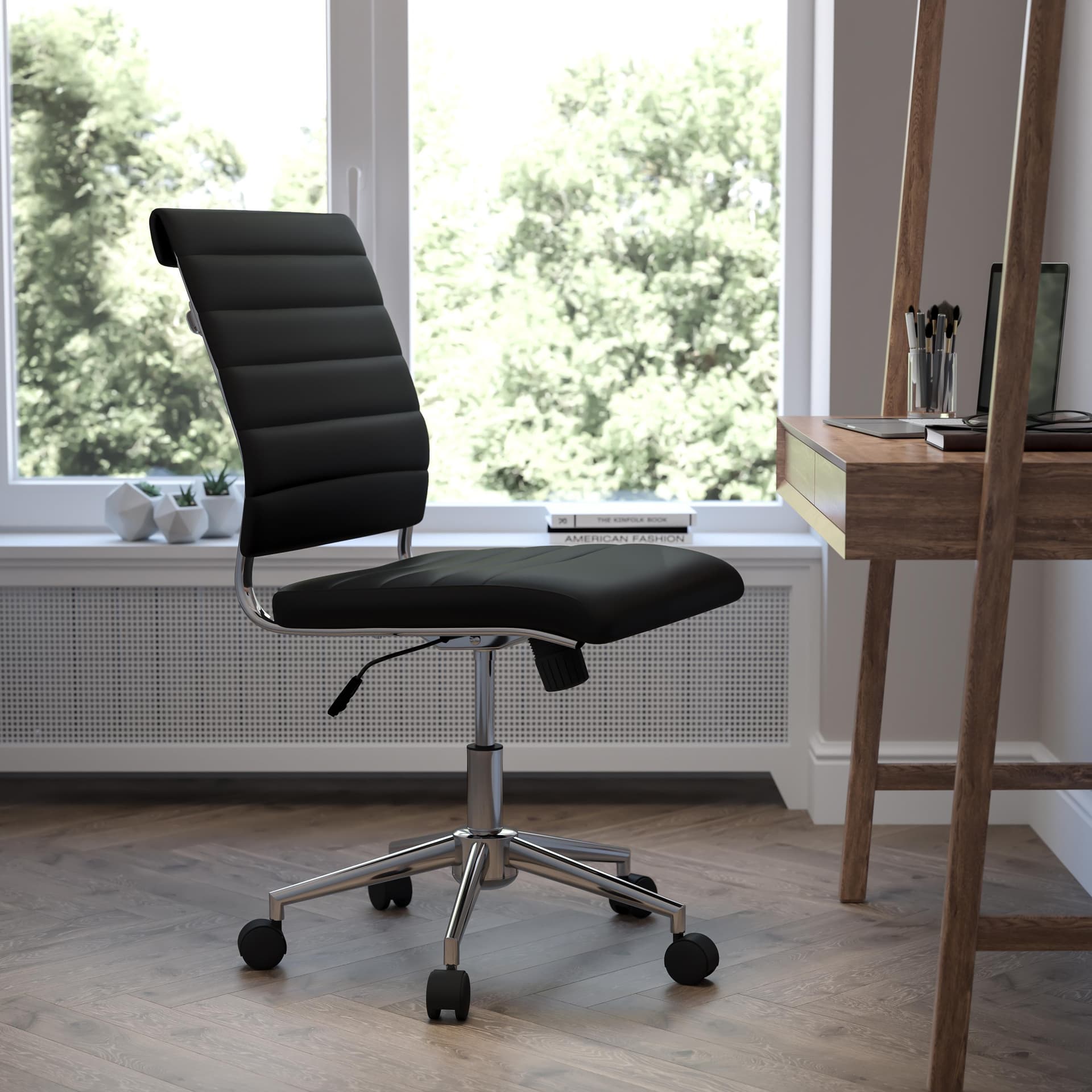 Mid-Back Armless Black LeatherSoft Ribbed Executive Swivel Office Chair