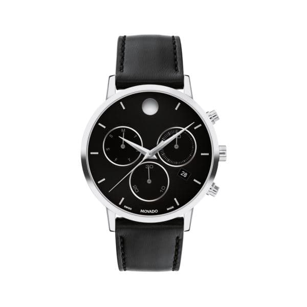 Men's Museum Classic Chronograph Silver & Black Leather Strap Watch Black Dial