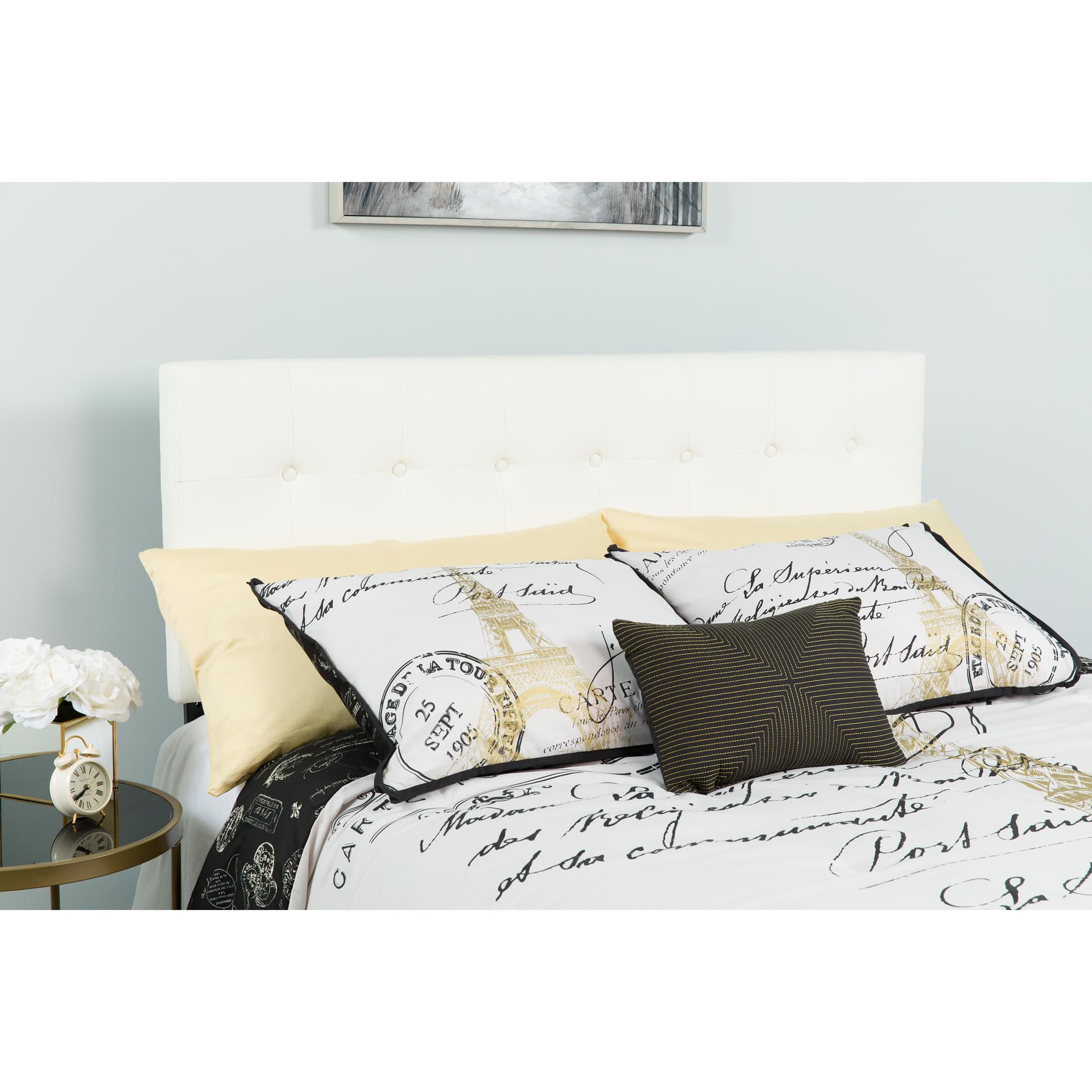 Button Tufted Upholstered Twin Size Headboard in White Vinyl