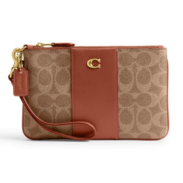 Coated Canvas Signature Small Wristlet - Tan Caramel/Brass