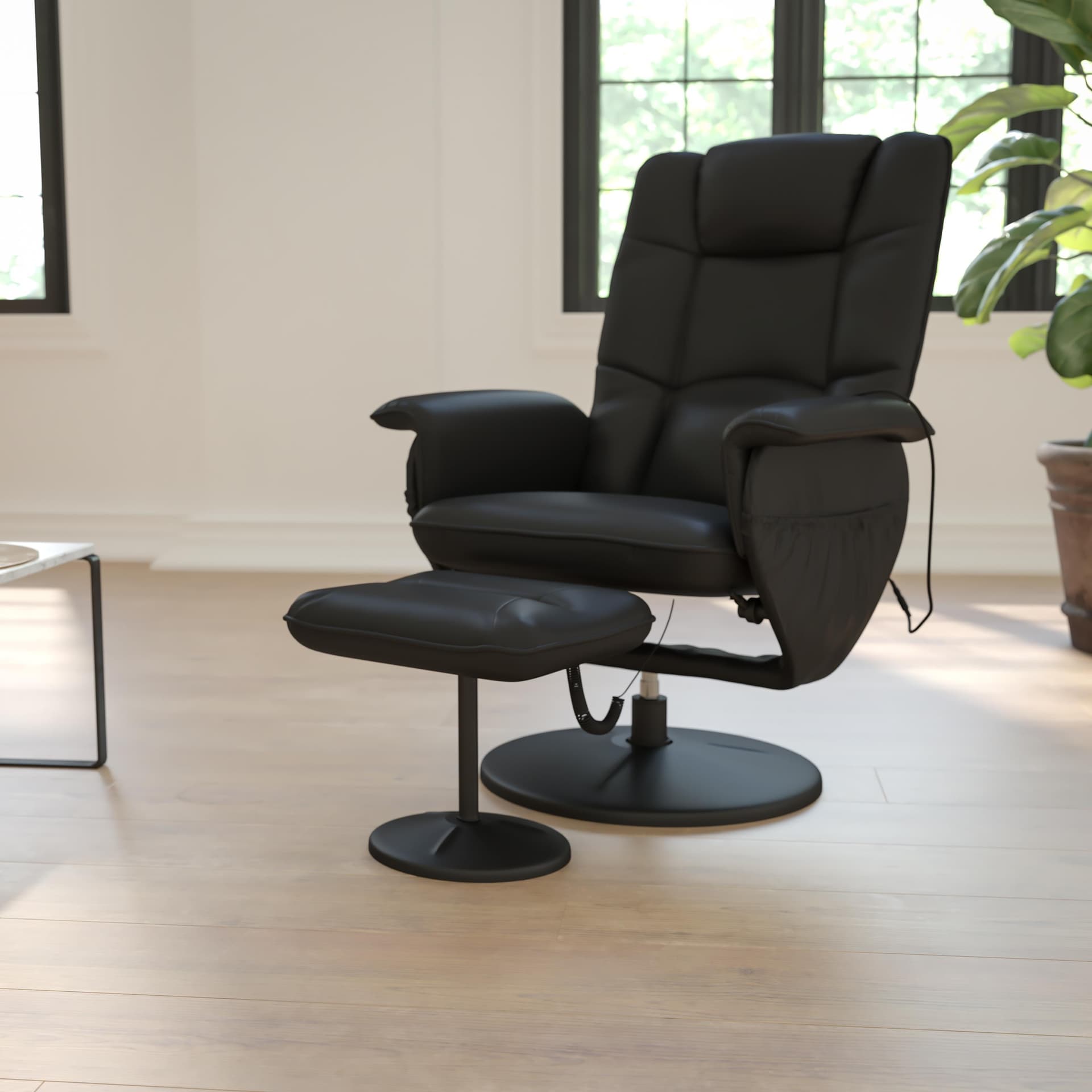 Black LeatherSoft Massaging Adjustable Recliner w/Ottoman w/Side Pocket