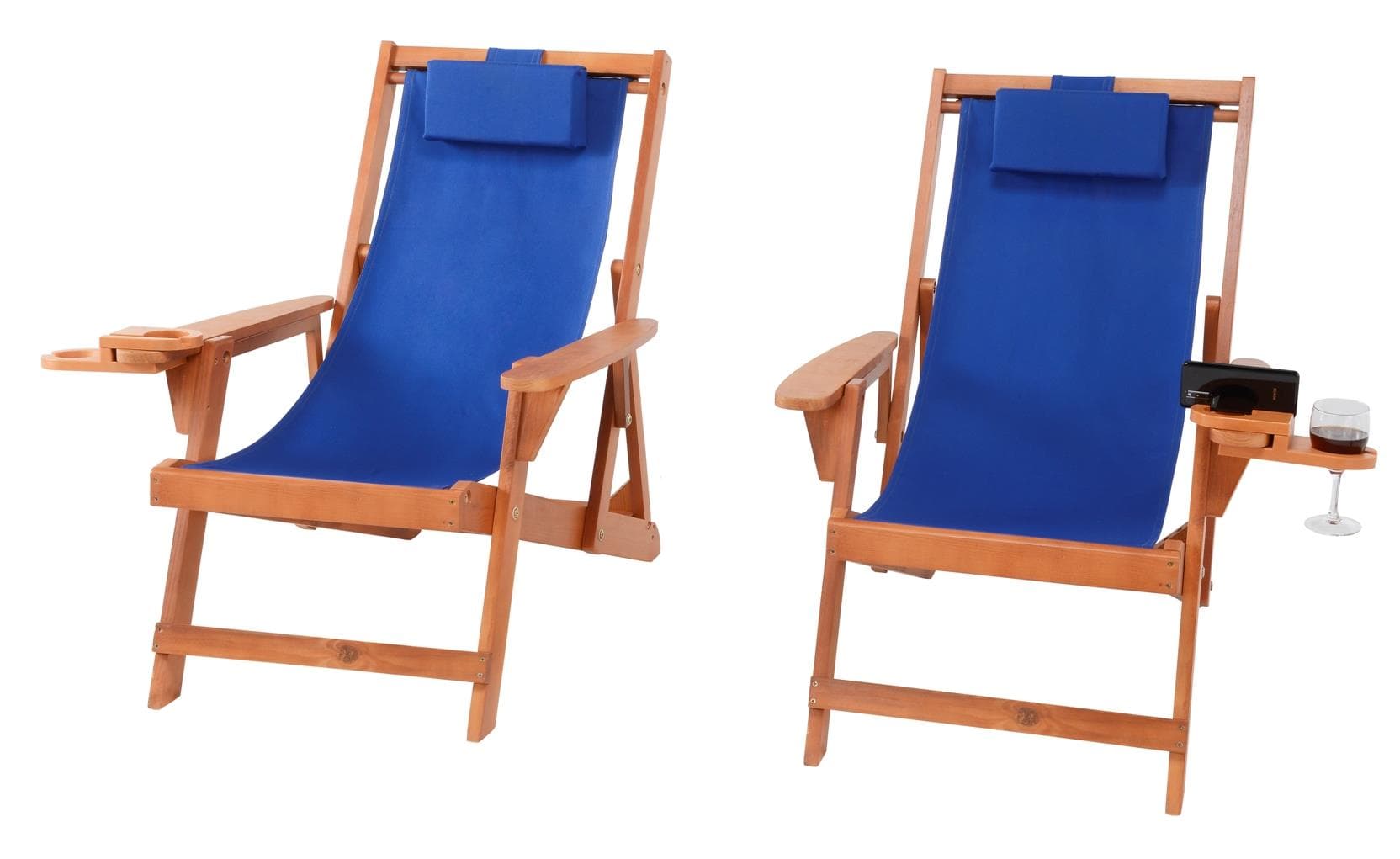 Romantic Collection - Canvas Sling Chair w/Beverage Holder, Set of 2 - Walnut, Blue