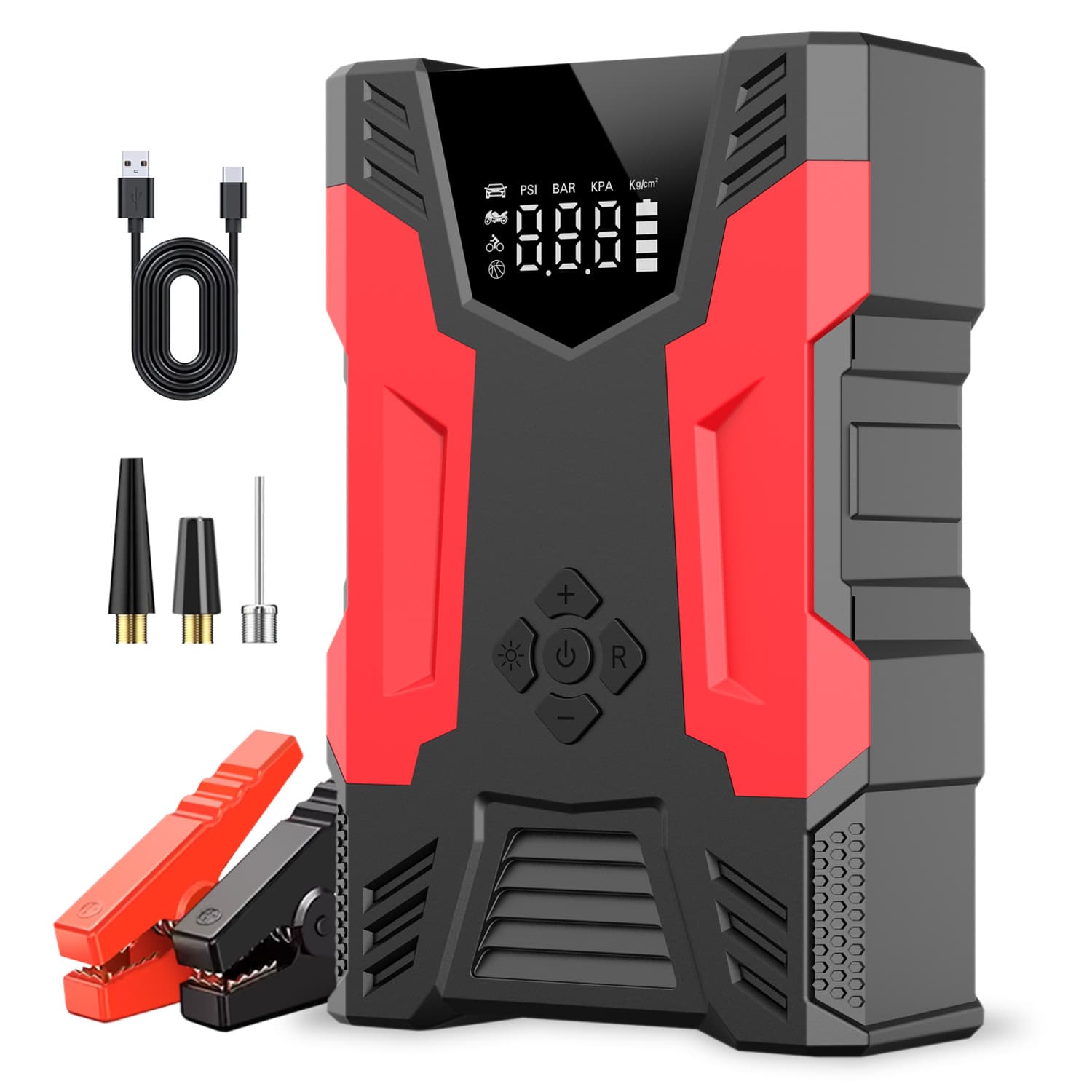 Car Jump Starter with Air Compressor and Hose, Up to 7.0L Gas/5.0L Diesel Vehicles, LED Flashlight, Power Bank, 10,000 mAh Capacity