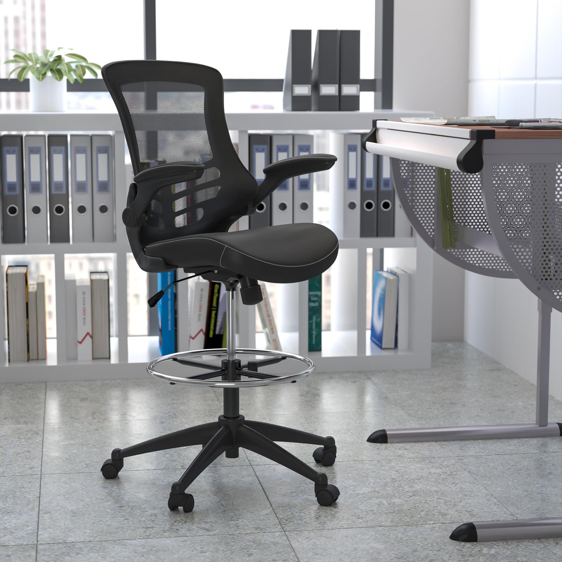 Mid-Back Black LeatherSoft Ergonomic Drafting Chair with Foot Ring and Flip-Up Arms