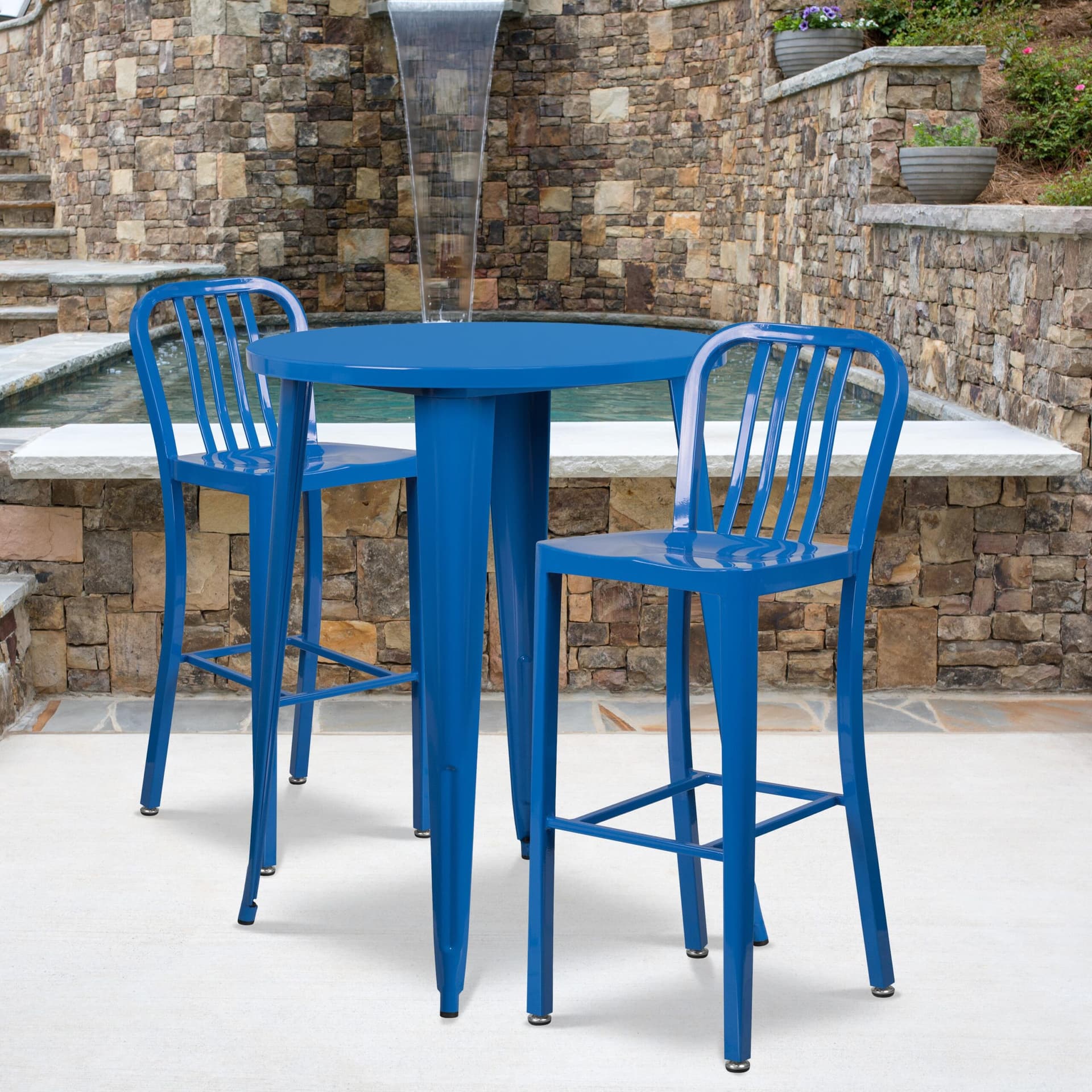 30" Round Blue Metal Indoor-Outdoor Bar Table Set with 2 Slat Back Stools