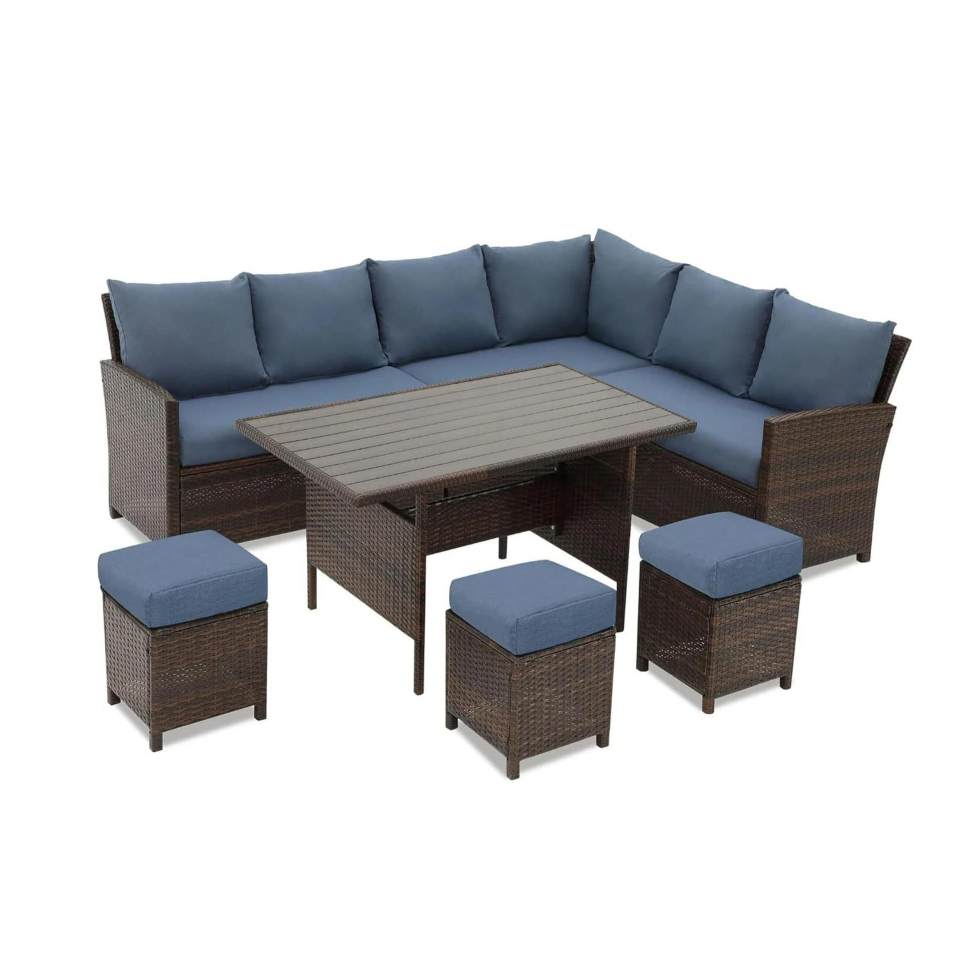 7-Piece Wicker Patio Dining Set w/Blue Cushions