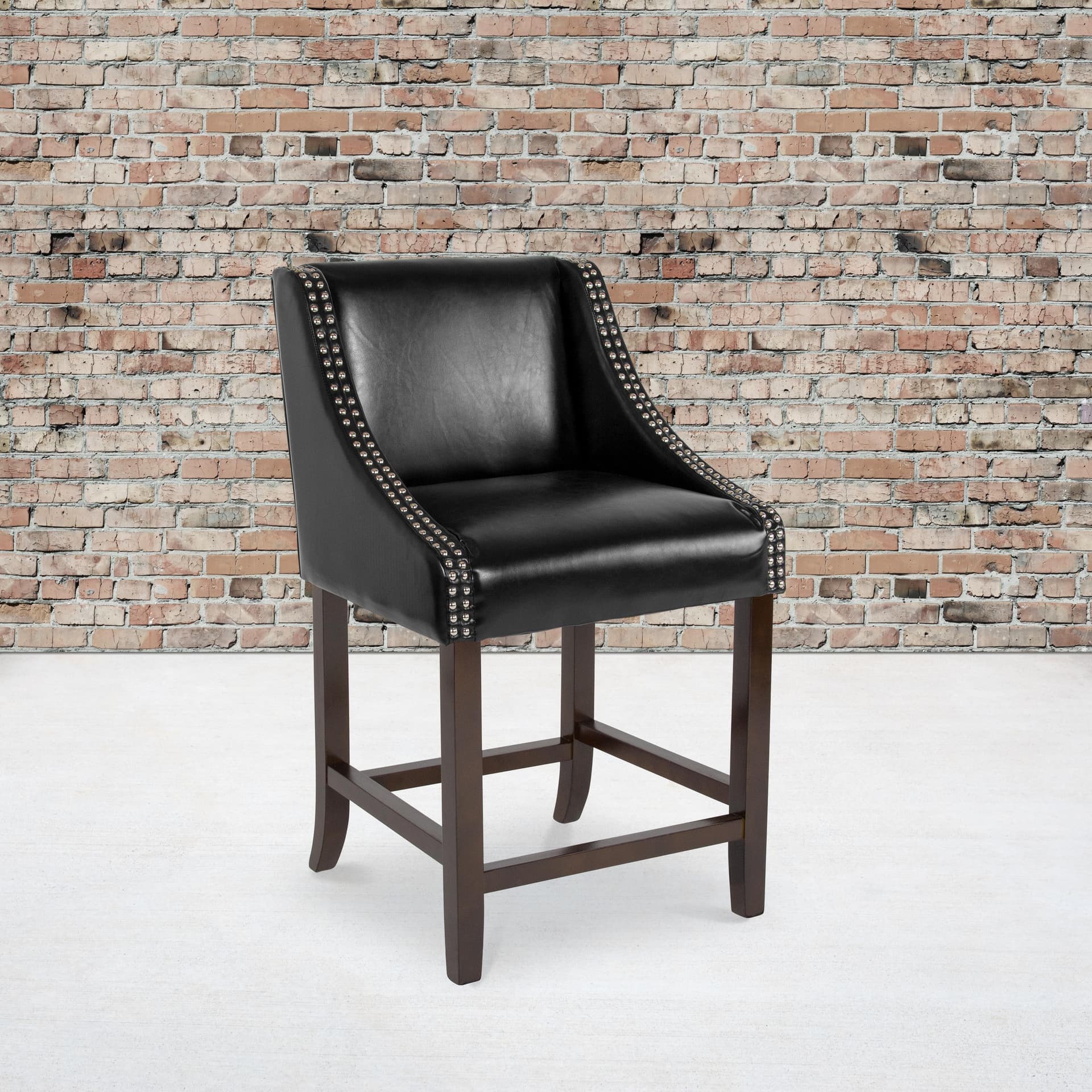 24"H Walnut Counter Stool with Accent Nail Trim - Black LeatherSoft