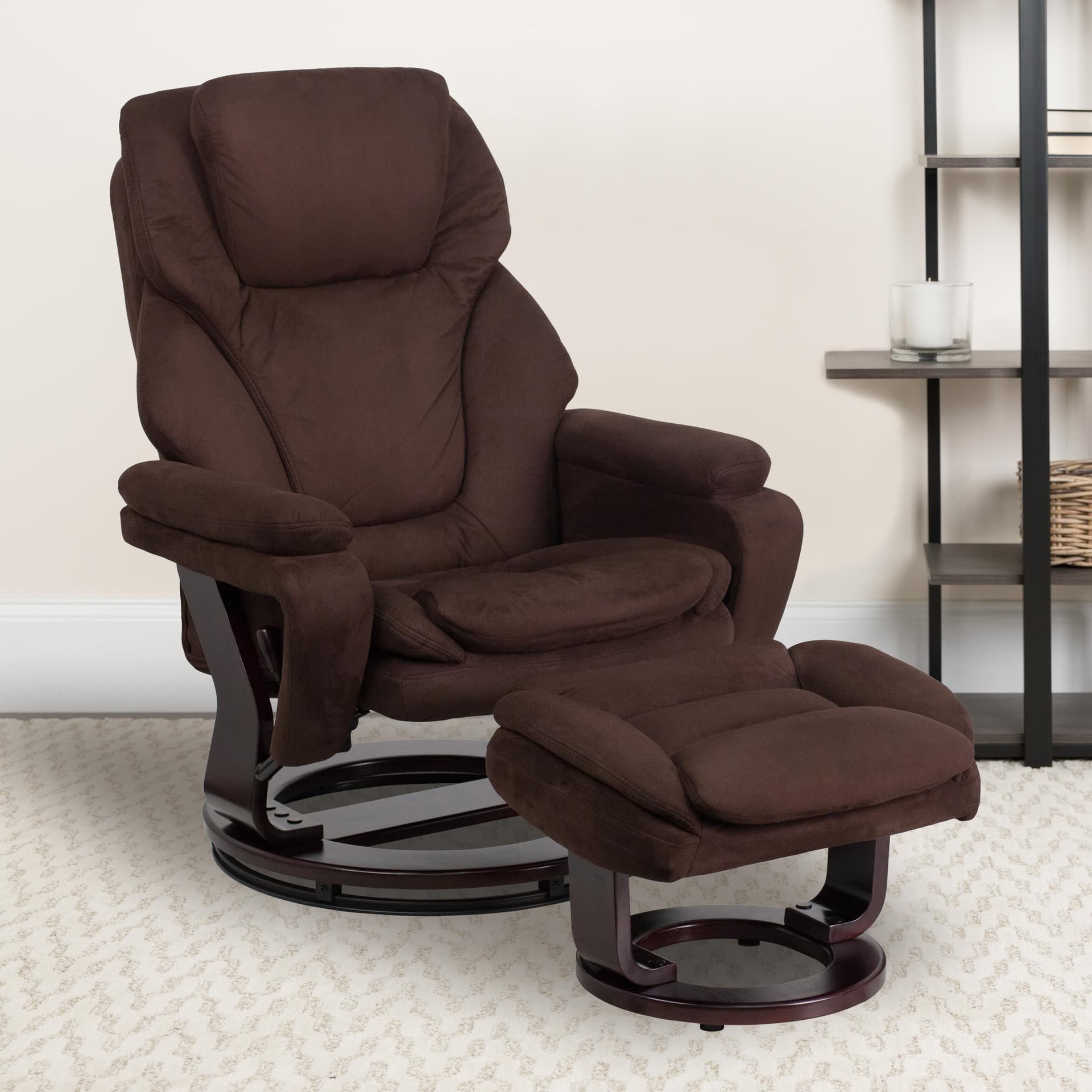 Brown Microfiber Multi-Position Recliner & Ottoman w/Swivel and Mahogany Wood Base