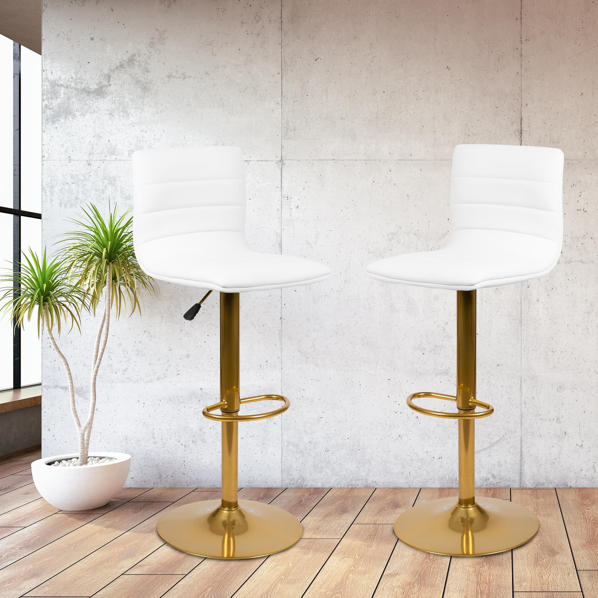 2PK White Vinyl Adjustable Height Barstool w/ Horizontal Stitch Back & Gold Base