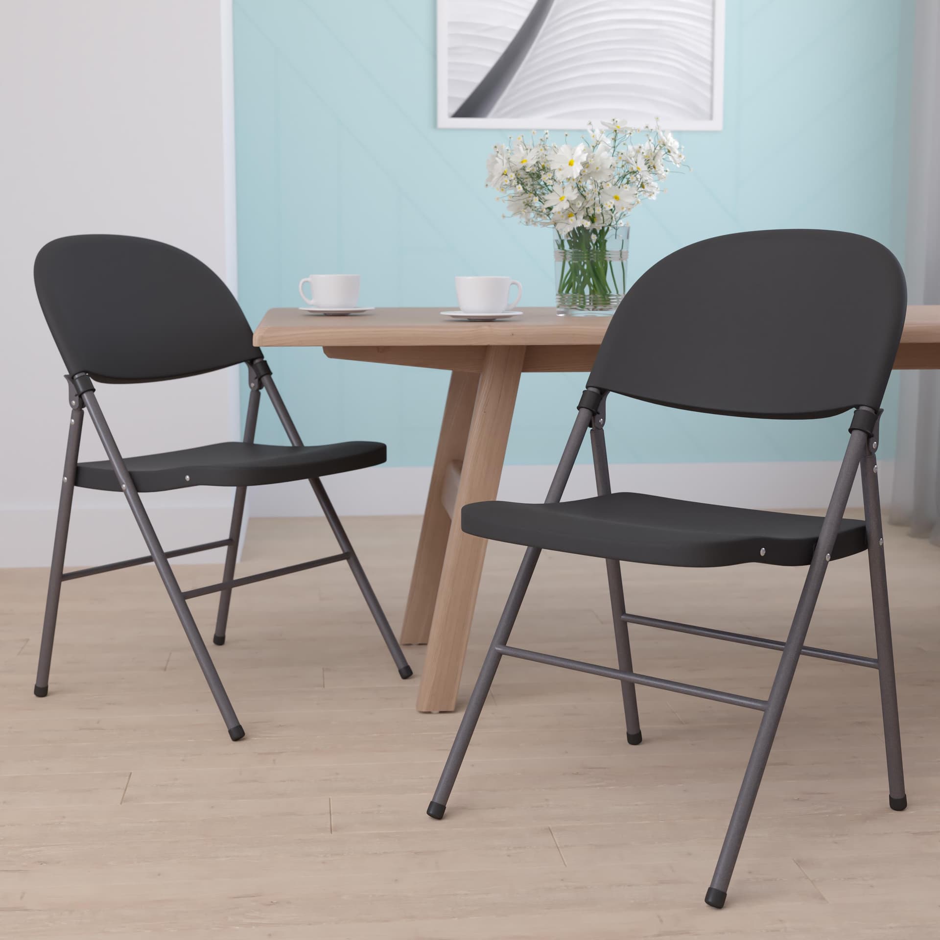 2PK 330 lb. Capacity Black Plastic Folding Chair - Charcoal Frame