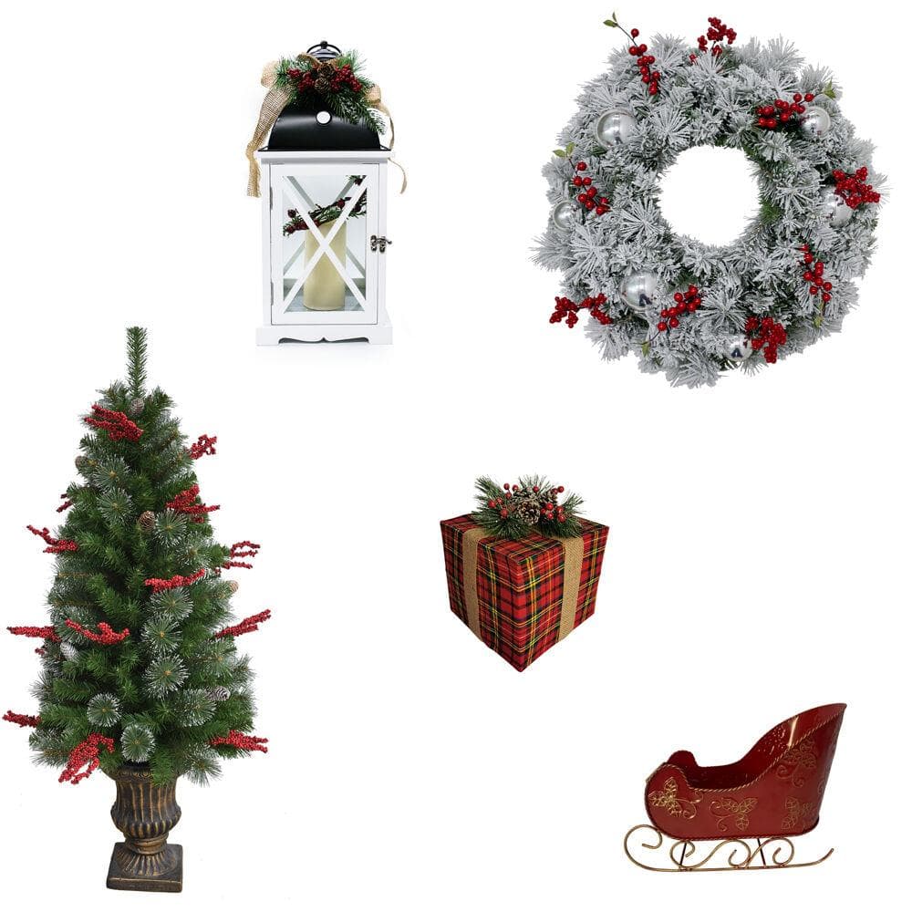 Tartan Christmas 5-Piece Decorating Kit: Frosted Wreath, Lightly Frosted Tree, Pre-Lit Lantern, Slei