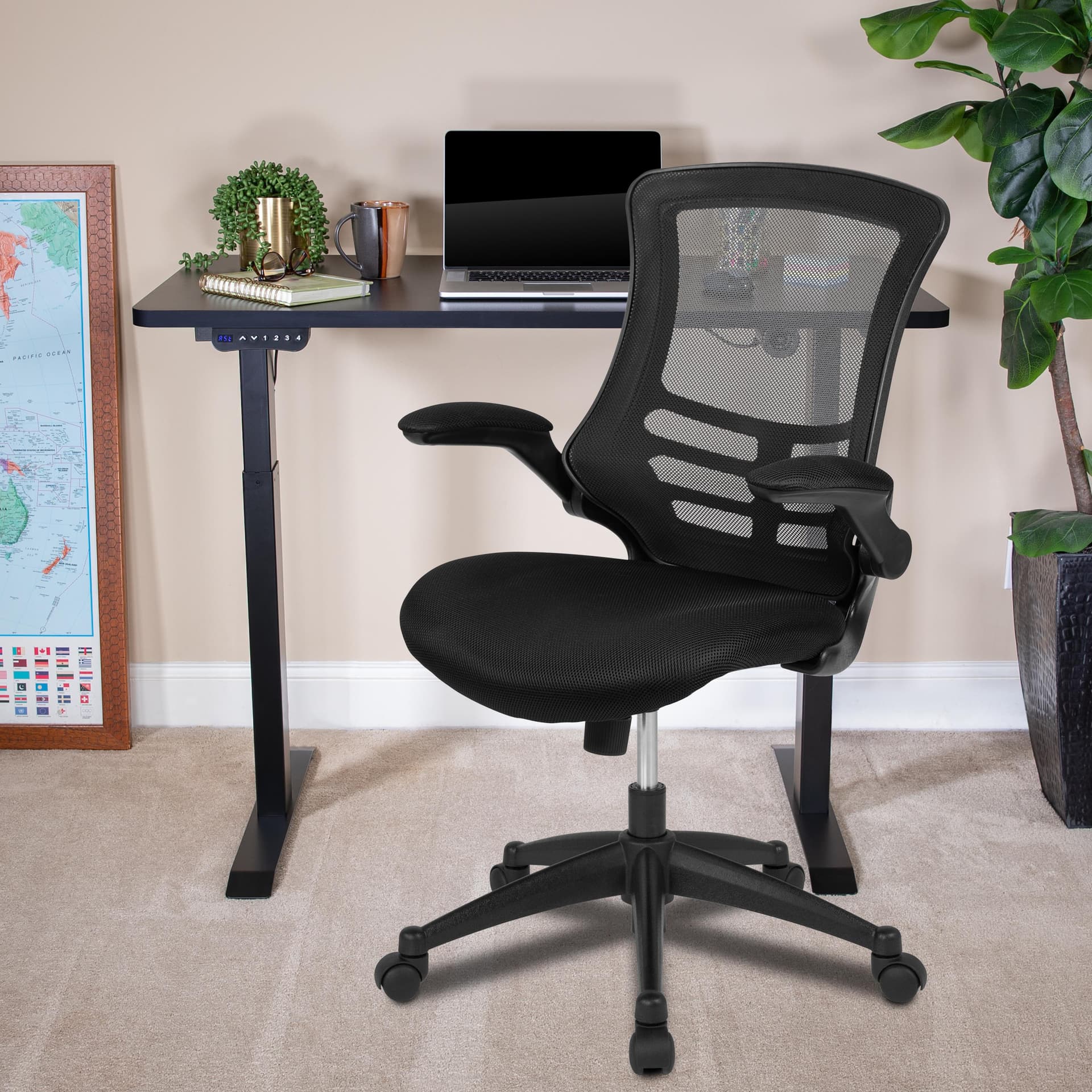 Black Electric Height Adjustable Standing Desk with Mesh Executive Chair